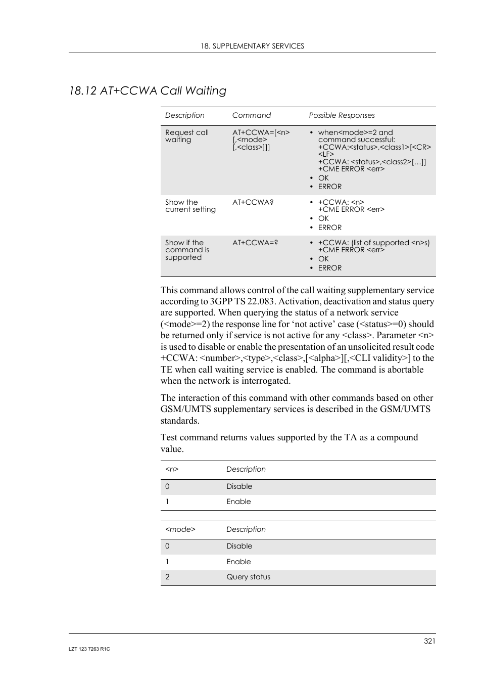 12 at+ccwa call waiting, 12 at+ccwa, Call waiting | Sony Ericsson GM47 User Manual | Page 321 / 338