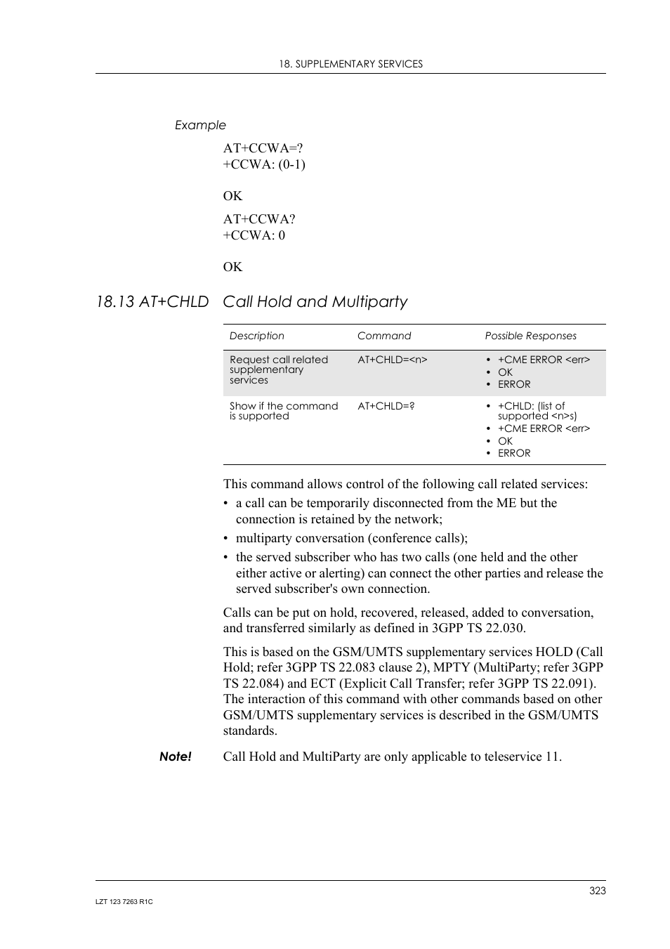 Example, 13 at+chld call hold and multiparty, 13 at+chld | Call hold and multiparty | Sony Ericsson GM47 User Manual | Page 323 / 338