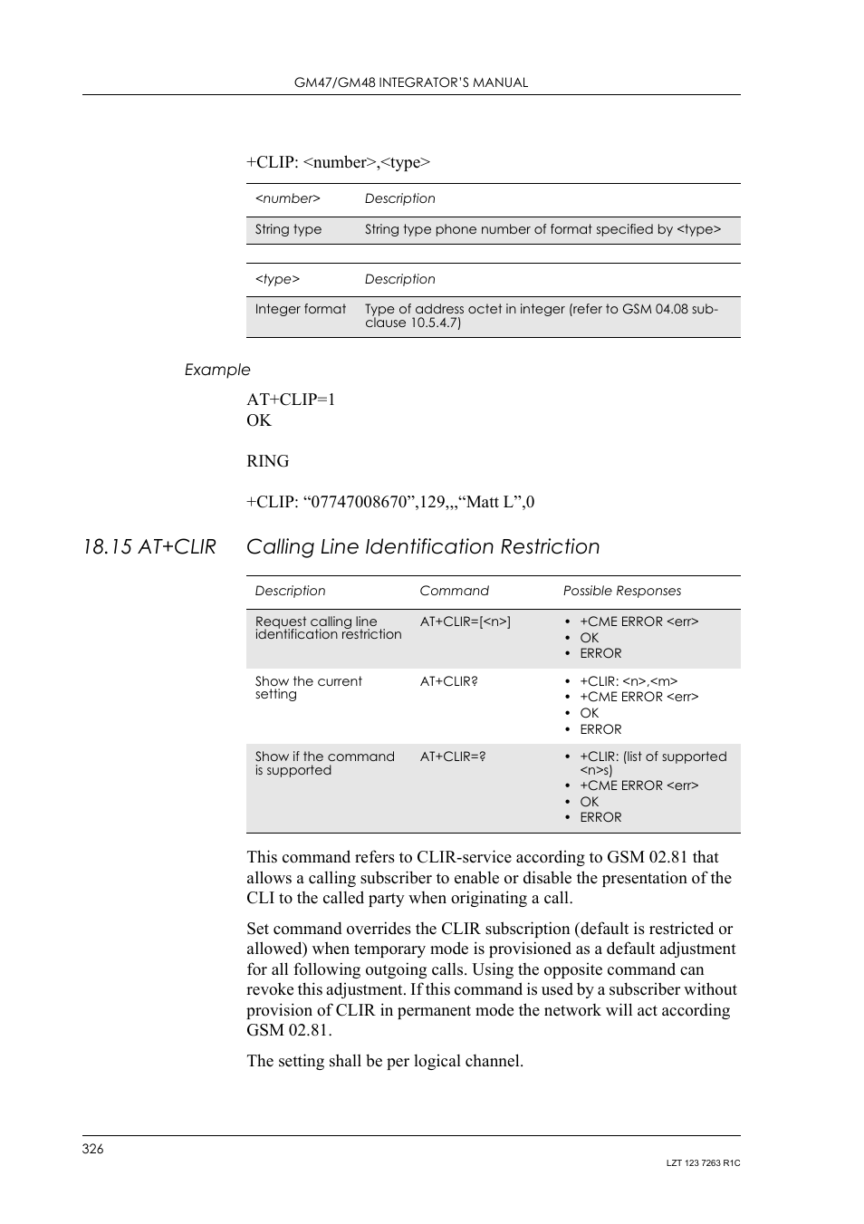 Example, 15 at+clir calling line identification restriction, 15 at+clir | Calling line identification restriction, Clip: <number>,<type | Sony Ericsson GM47 User Manual | Page 326 / 338