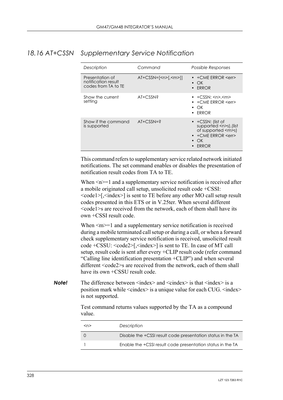 16 at+cssn supplementary service notification, 16 at+cssn, Supplementary service notification | Sony Ericsson GM47 User Manual | Page 328 / 338
