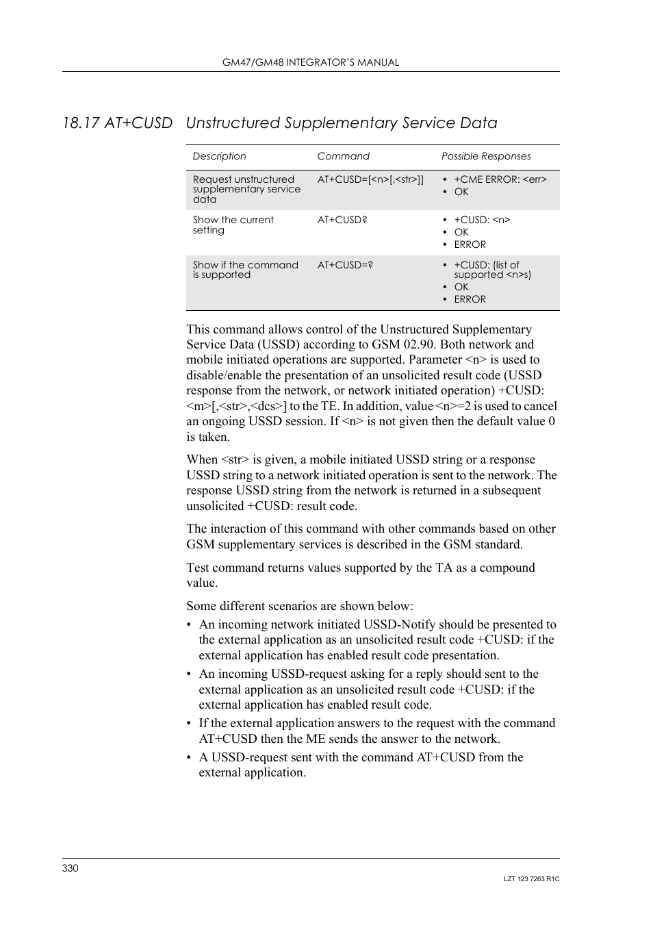 17 at+cusd unstructured supplementary service data, 17 at+cusd, Unstructured supplementary service data | Sony Ericsson GM47 User Manual | Page 330 / 338