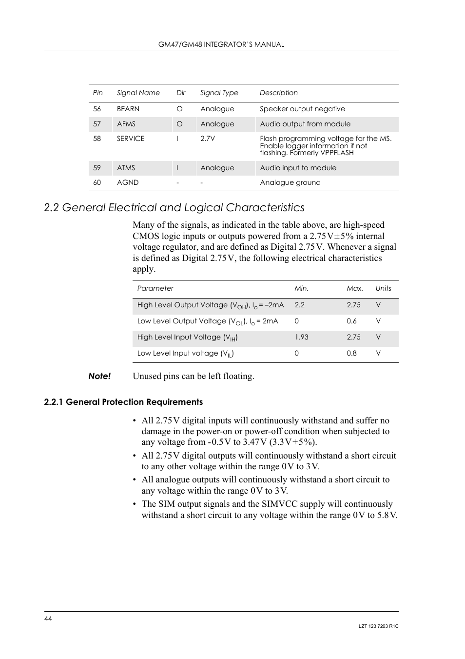 2 general electrical and logical characteristics, 1 general protection requirements, General protection requirements | Unused pins can be left floating | Sony Ericsson GM47 User Manual | Page 44 / 338