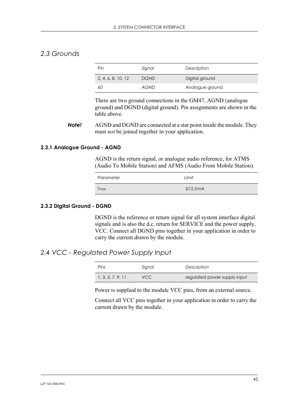 3 grounds, 1 analogue ground - agnd, 2 digital ground - dgnd | 4 vcc - regulated power supply input, Grounds, Analogue ground - agnd, Digital ground - dgnd, Vcc - regulated power supply input | Sony Ericsson GM47 User Manual | Page 45 / 338