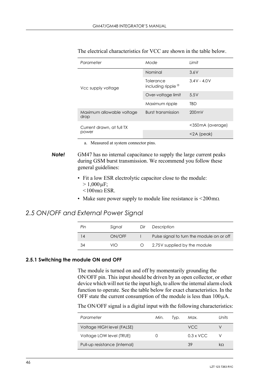 5 on/off and external power signal, 1 switching the module on and off, On/off and external power signal 2.5.1 | Switching the module on and off | Sony Ericsson GM47 User Manual | Page 46 / 338