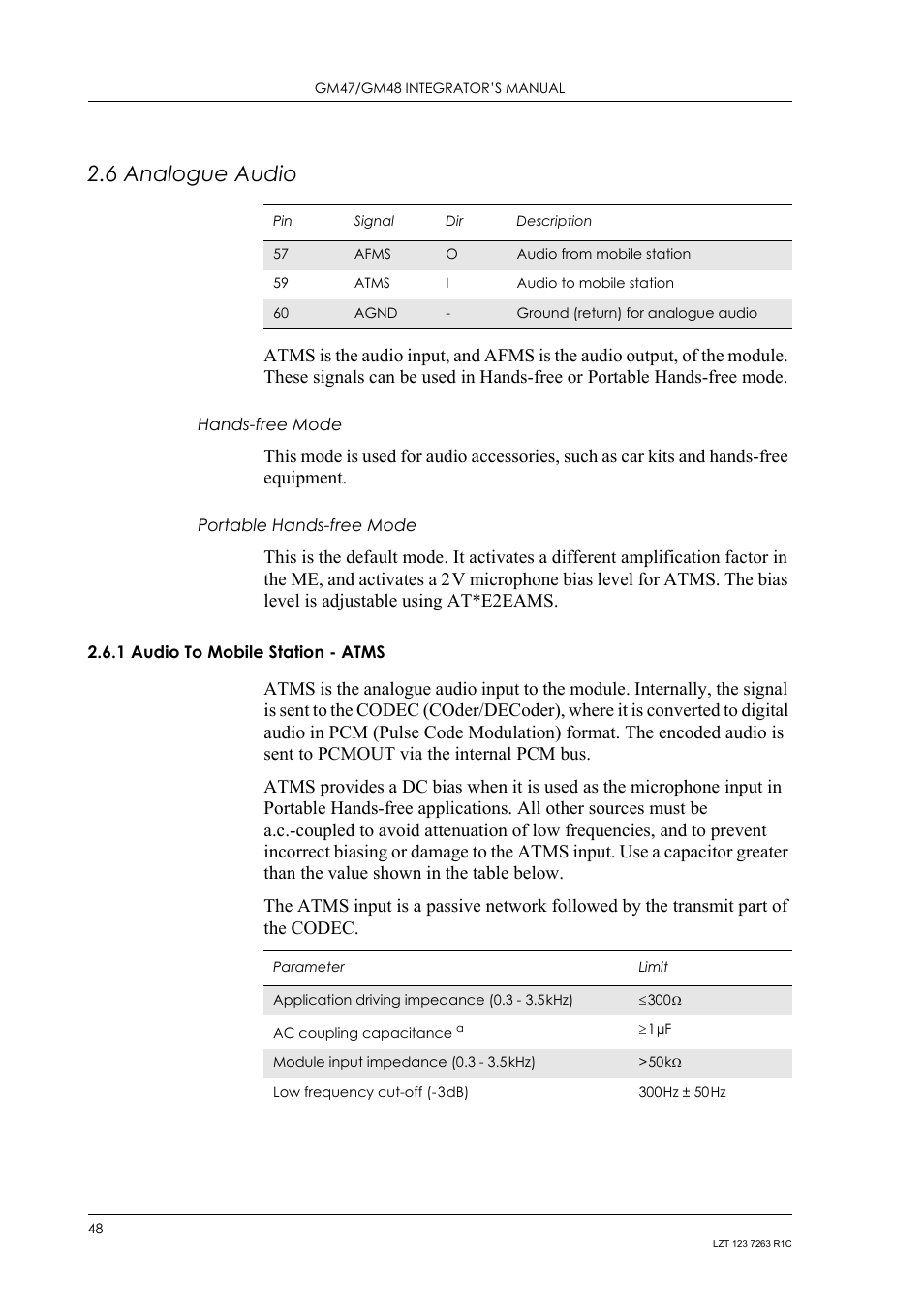 6 analogue audio, Hands-free mode, Portable hands-free mode | 1 audio to mobile station - atms, Analogue audio 2.6.1, Audio to mobile station - atms | Sony Ericsson GM47 User Manual | Page 48 / 338