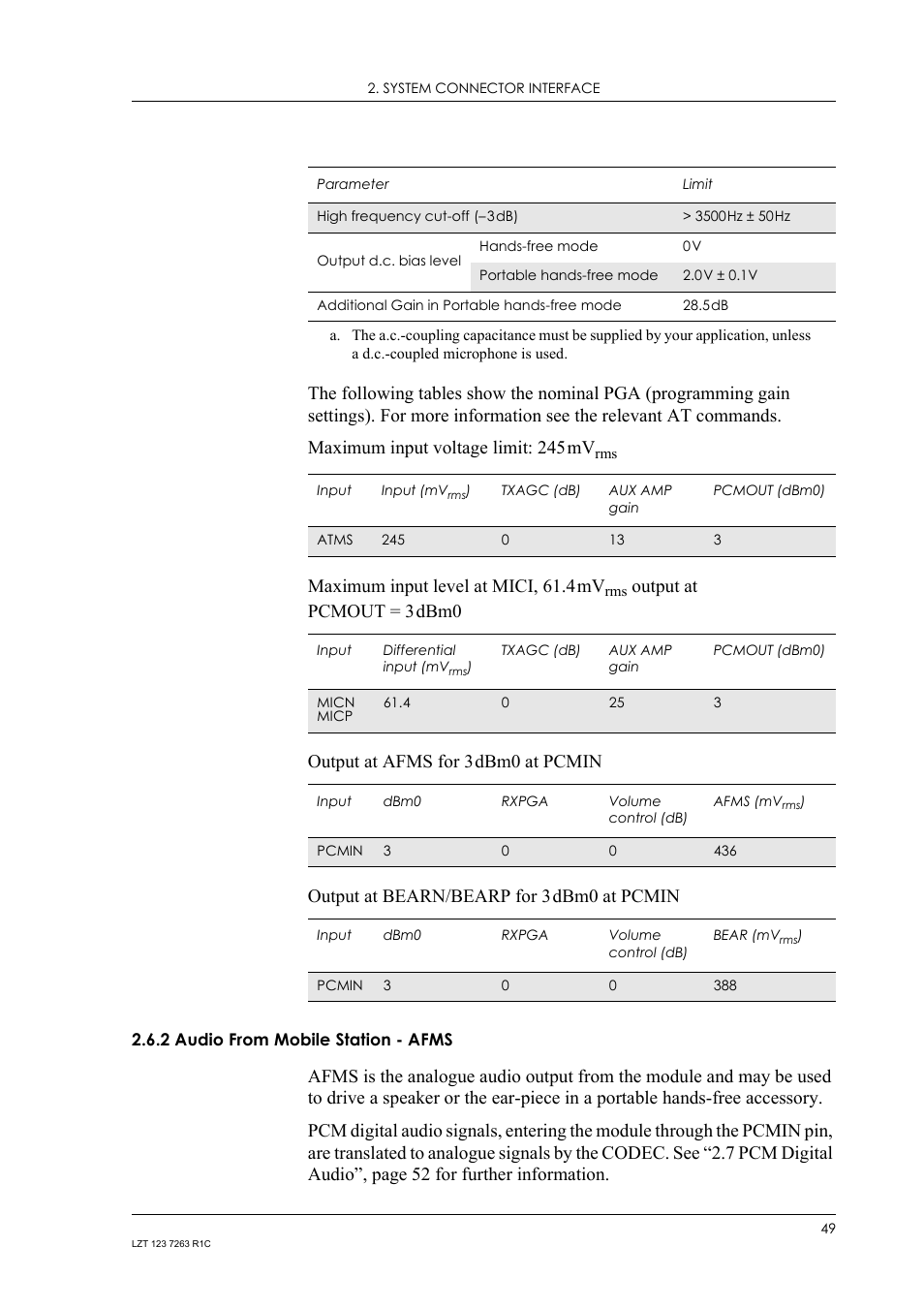 2 audio from mobile station - afms, Audio from mobile station - afms, Maximum input level at mici, 61.4mv | Sony Ericsson GM47 User Manual | Page 49 / 338