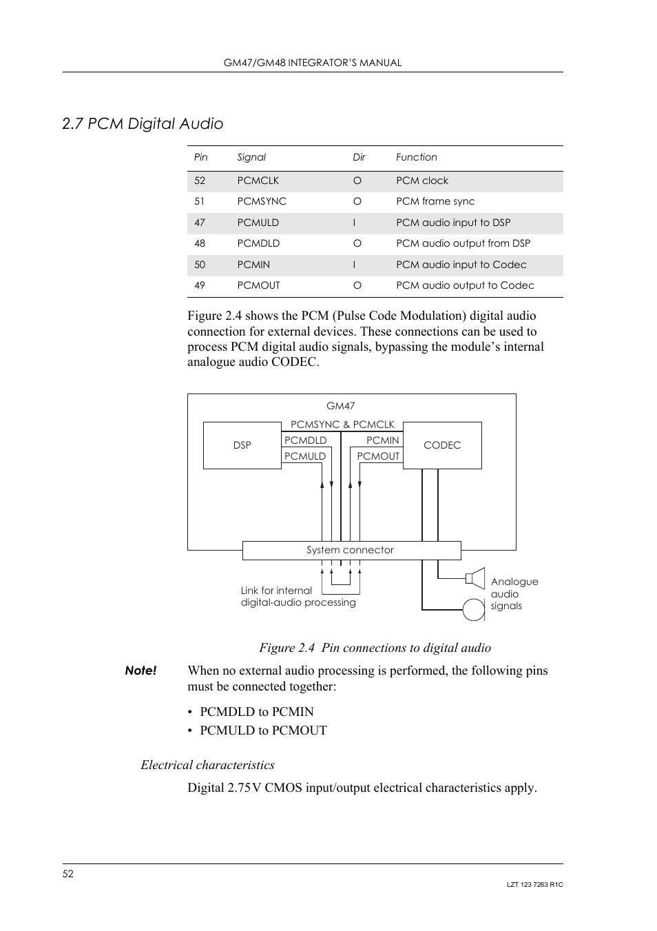 7 pcm digital audio, Electrical characteristics, Pcm digital audio | Sony Ericsson GM47 User Manual | Page 52 / 338