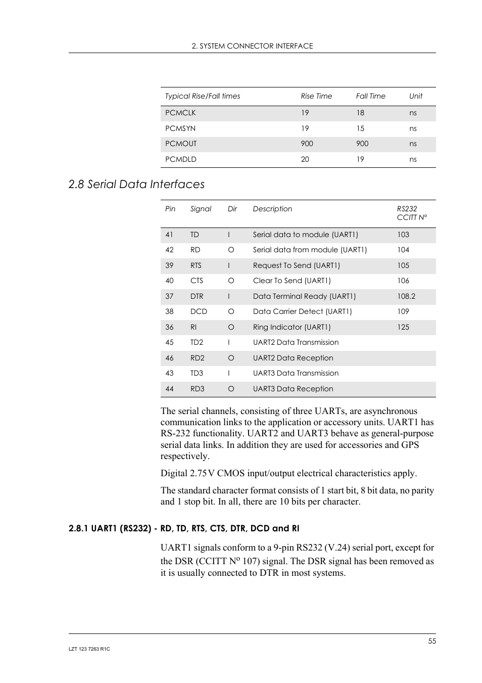 8 serial data interfaces, Serial data interfaces 2.8.1, Uart1 (rs232) - rd, td, rts, cts, dtr, dcd and ri | Sony Ericsson GM47 User Manual | Page 55 / 338