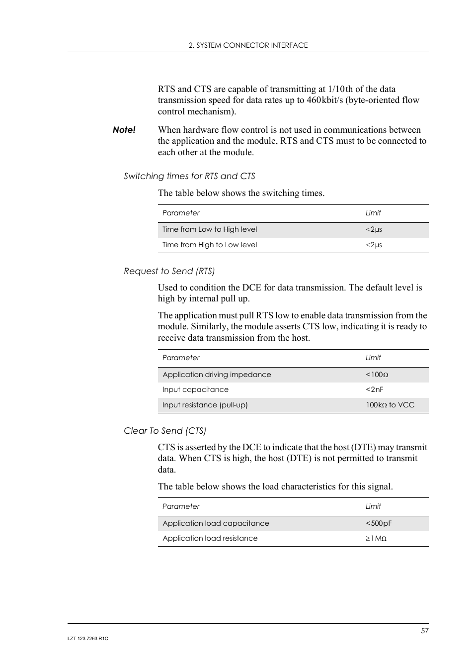 Switching times for rts and cts, Request to send (rts), Clear to send (cts) | The table below shows the switching times | Sony Ericsson GM47 User Manual | Page 57 / 338