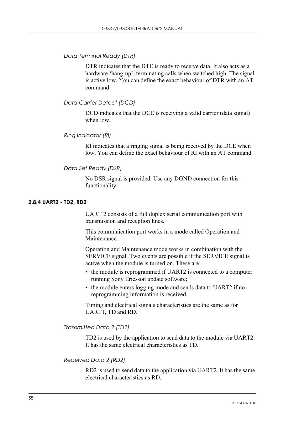 Data terminal ready (dtr), Data carrier detect (dcd), Ring indicator (ri) | Data set ready (dsr), 4 uart2 - td2, rd2, Transmitted data 2 (td2), Received data 2 (rd2), Uart2 - td2, rd2 | Sony Ericsson GM47 User Manual | Page 58 / 338