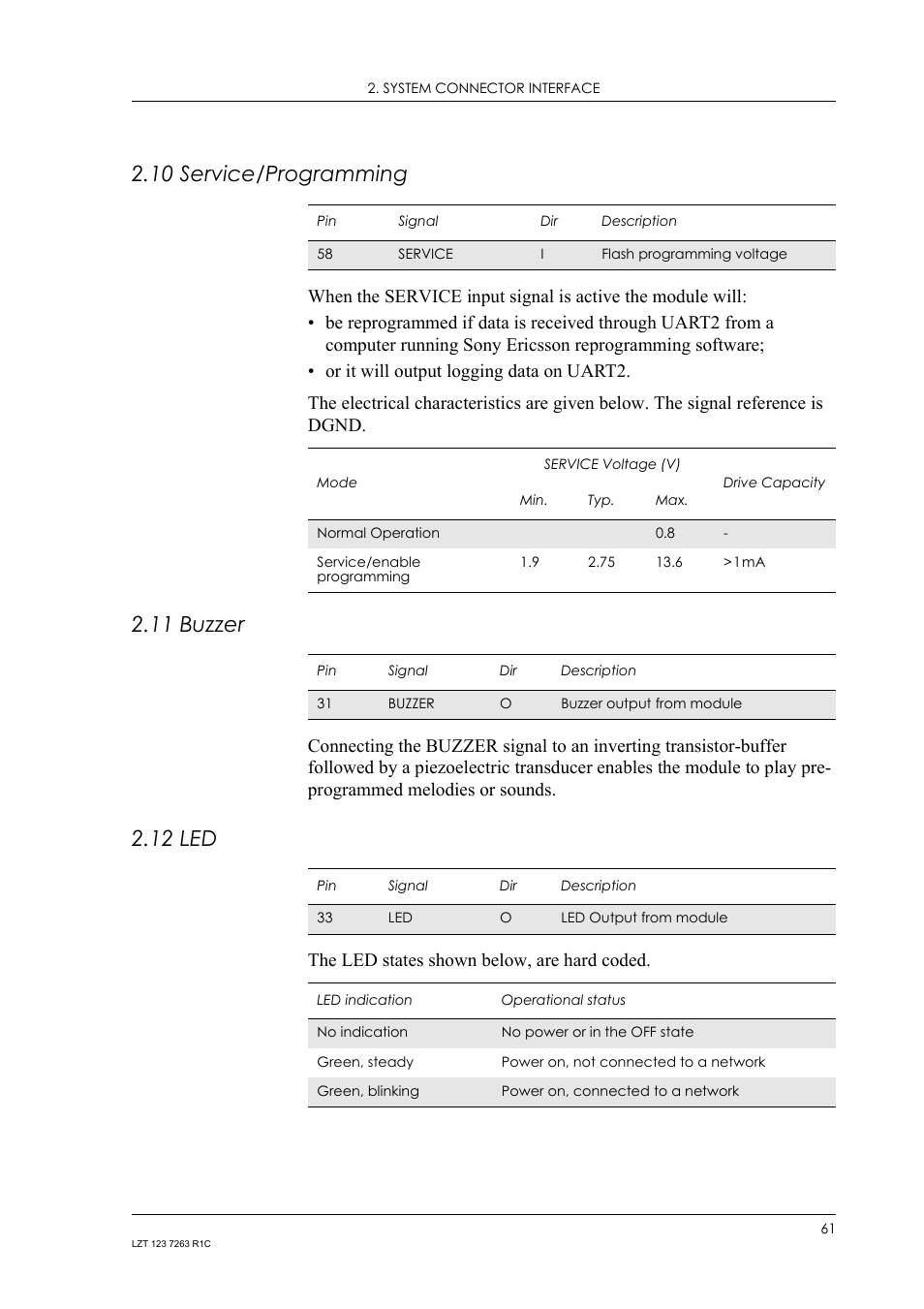 10 service/programming, 11 buzzer, 12 led | 10 service/programming 2.11 buzzer, The led states shown below, are hard coded | Sony Ericsson GM47 User Manual | Page 61 / 338