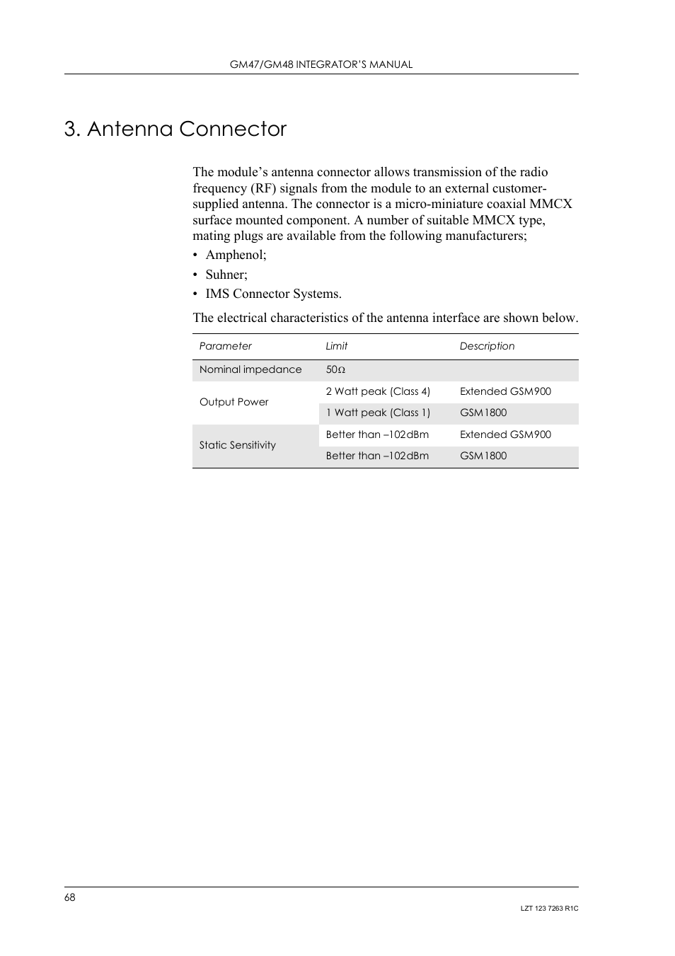 Antenna connector | Sony Ericsson GM47 User Manual | Page 68 / 338