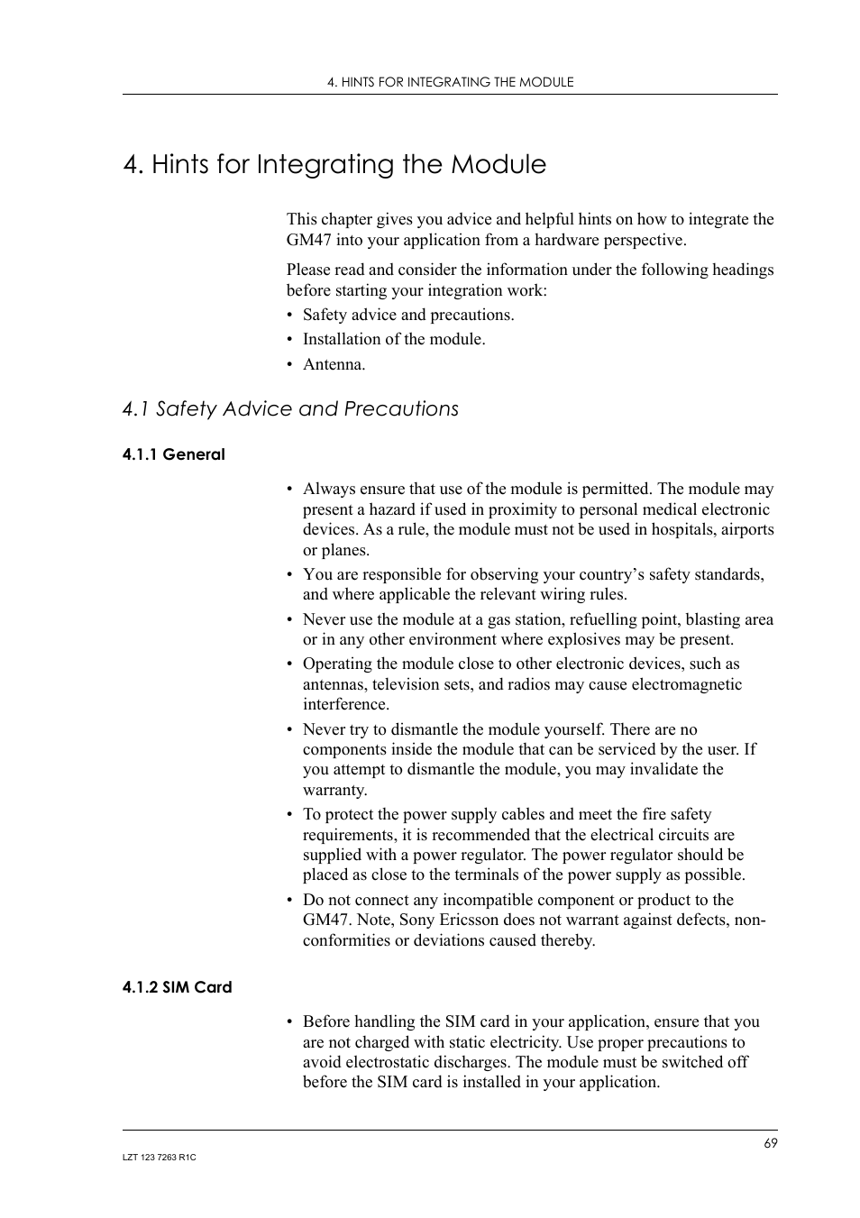 Hints for integrating the module, 1 safety advice and precautions, 1 general | 2 sim card, Safety advice and precautions 4.1.1, General, Sim card | Sony Ericsson GM47 User Manual | Page 69 / 338