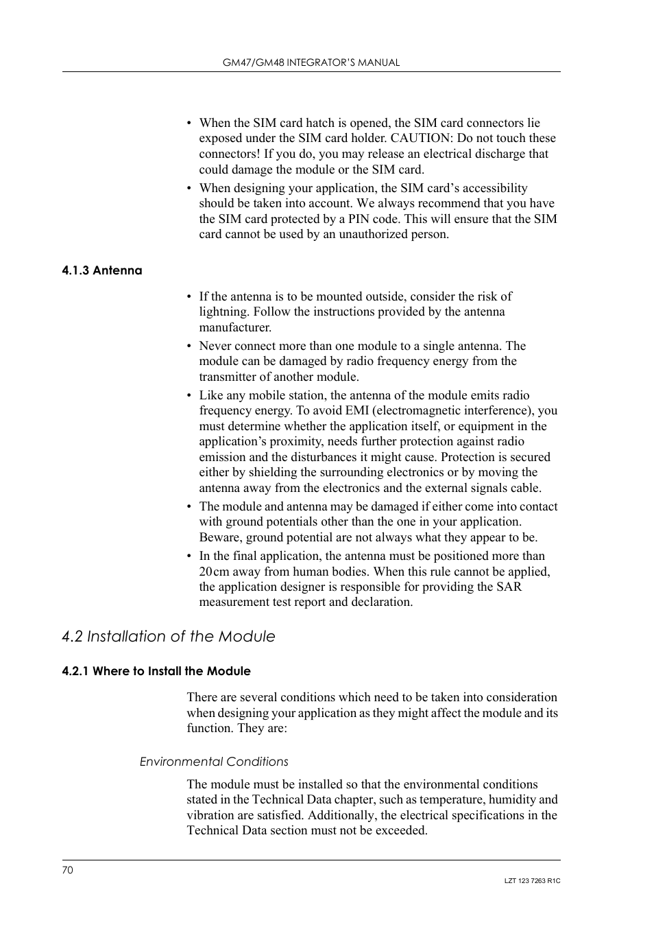 3 antenna, 2 installation of the module, 1 where to install the module | Environmental conditions, Antenna, Installation of the module 4.2.1, Where to install the module | Sony Ericsson GM47 User Manual | Page 70 / 338