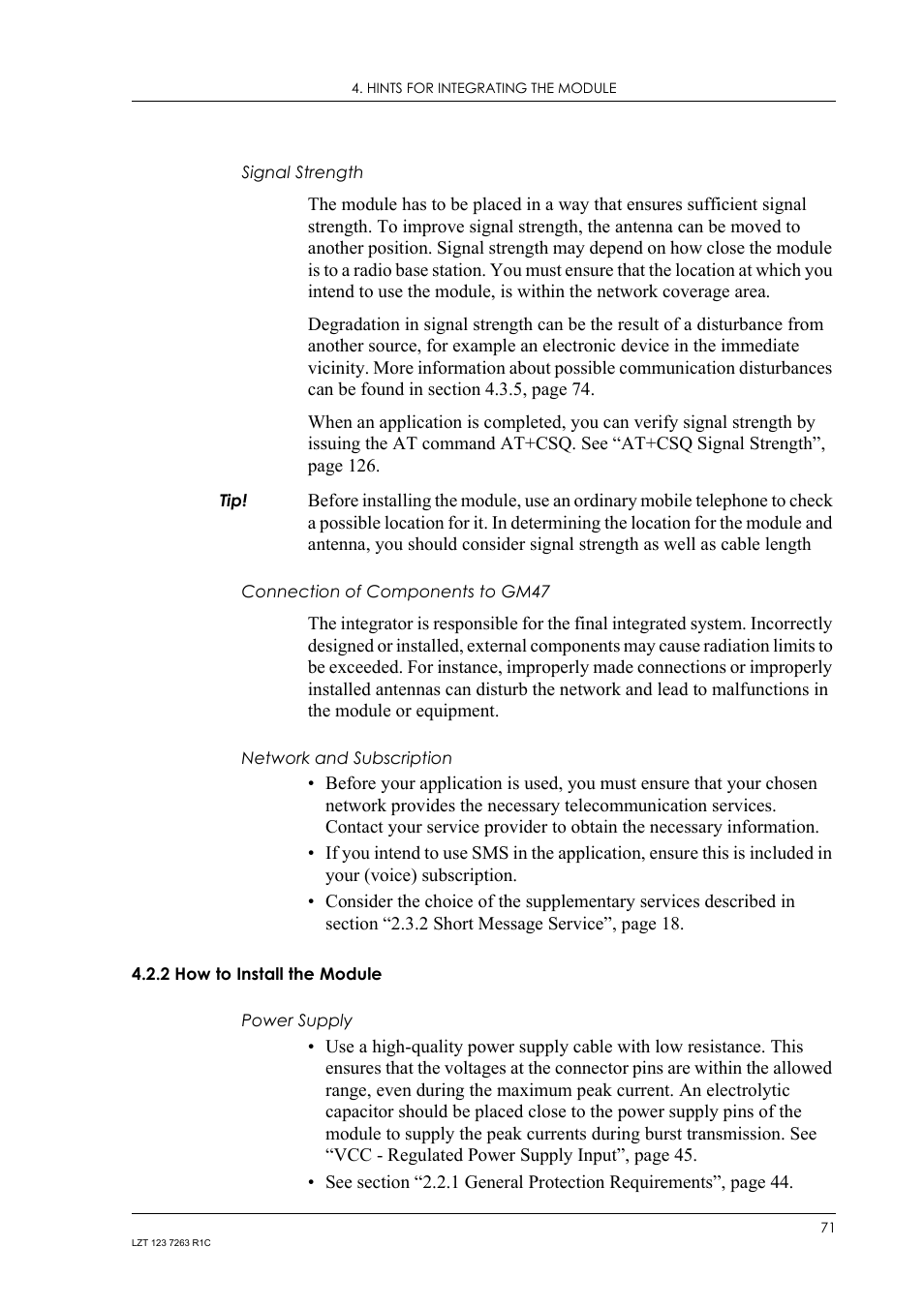 Signal strength, Connection of components to gm47, Network and subscription | 2 how to install the module, Power supply, How to install the module | Sony Ericsson GM47 User Manual | Page 71 / 338