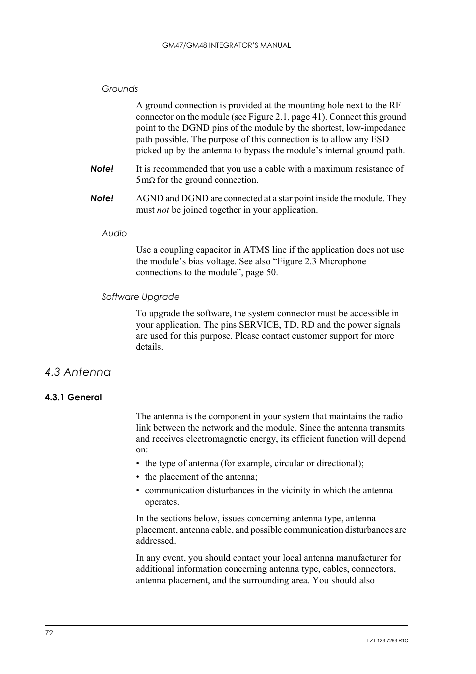 Grounds, Audio, Software upgrade | 3 antenna, 1 general, Antenna, General | Sony Ericsson GM47 User Manual | Page 72 / 338