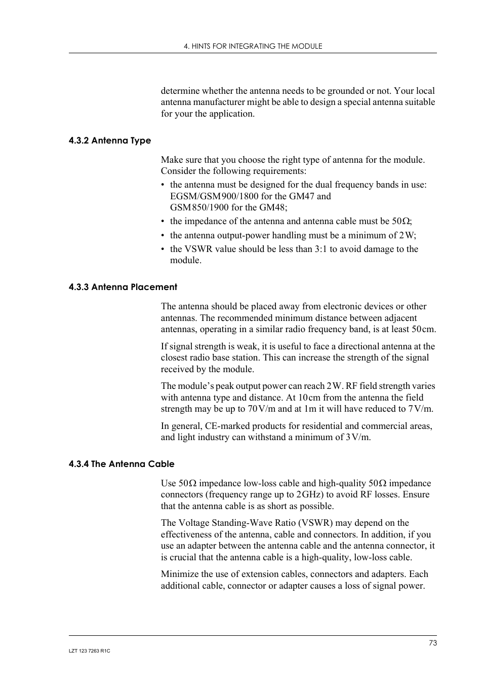 2 antenna type, 3 antenna placement, 4 the antenna cable | Antenna type, Antenna placement, The antenna cable | Sony Ericsson GM47 User Manual | Page 73 / 338