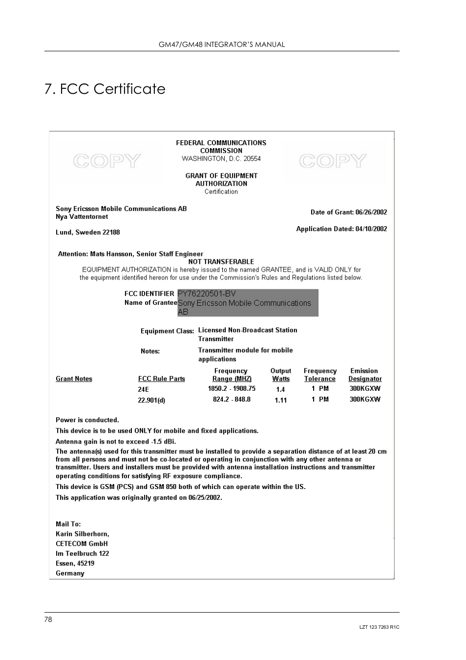 Fcc certificate | Sony Ericsson GM47 User Manual | Page 78 / 338