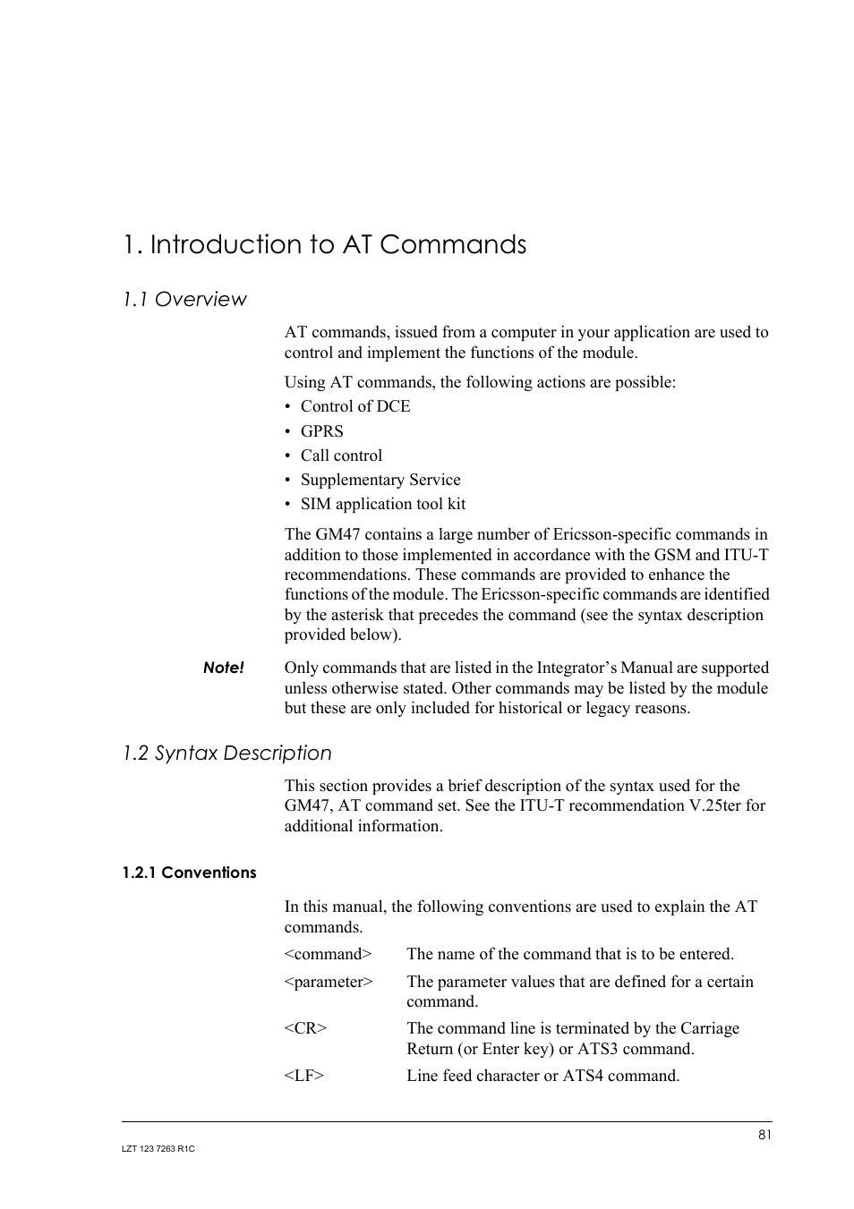 Introduction to at commands, 1 overview, 2 syntax description | 1 conventions, Overview, Syntax description 1.2.1, Conventions | Sony Ericsson GM47 User Manual | Page 81 / 338