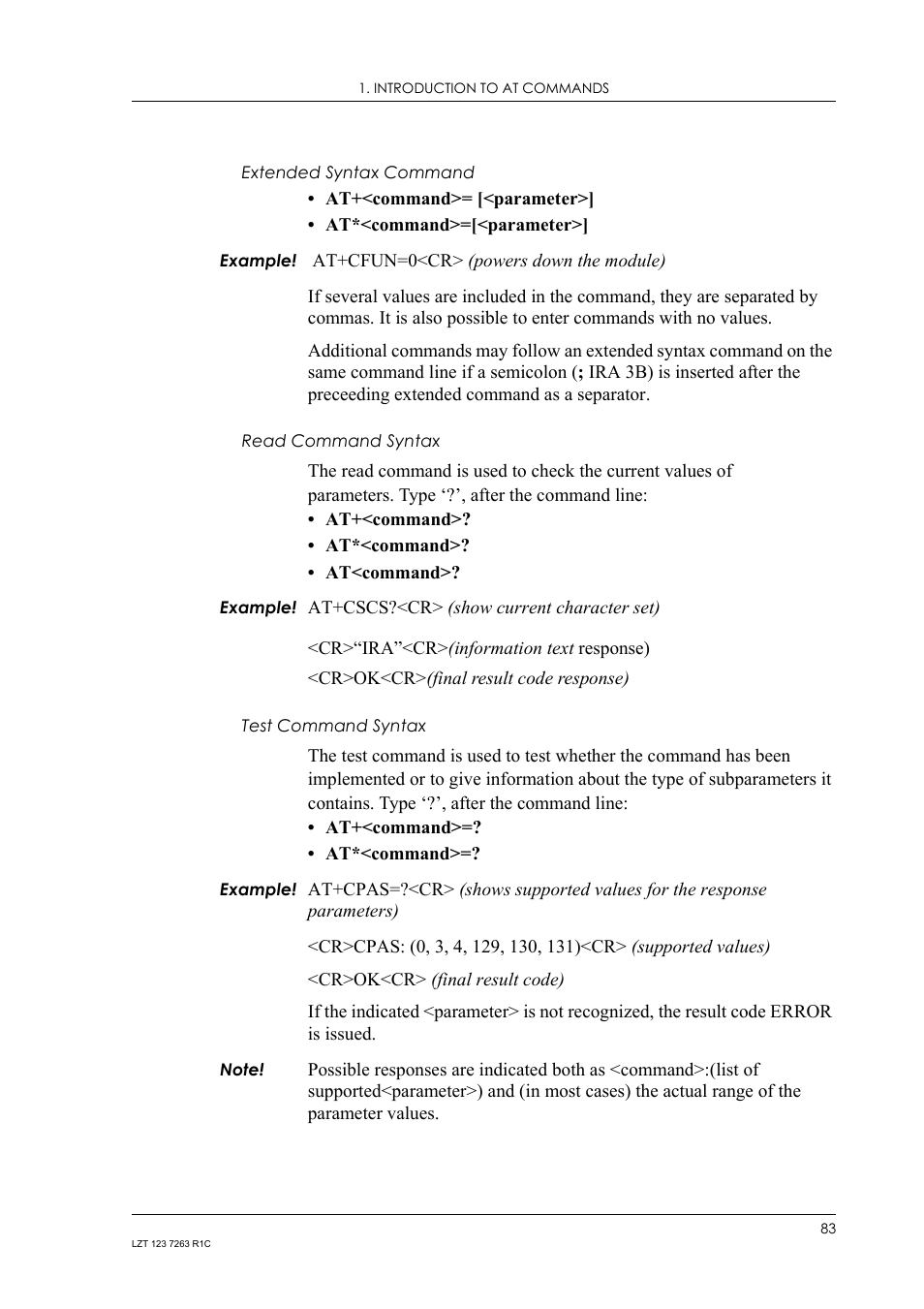 Extended syntax command, Read command syntax, Test command syntax | Sony Ericsson GM47 User Manual | Page 83 / 338