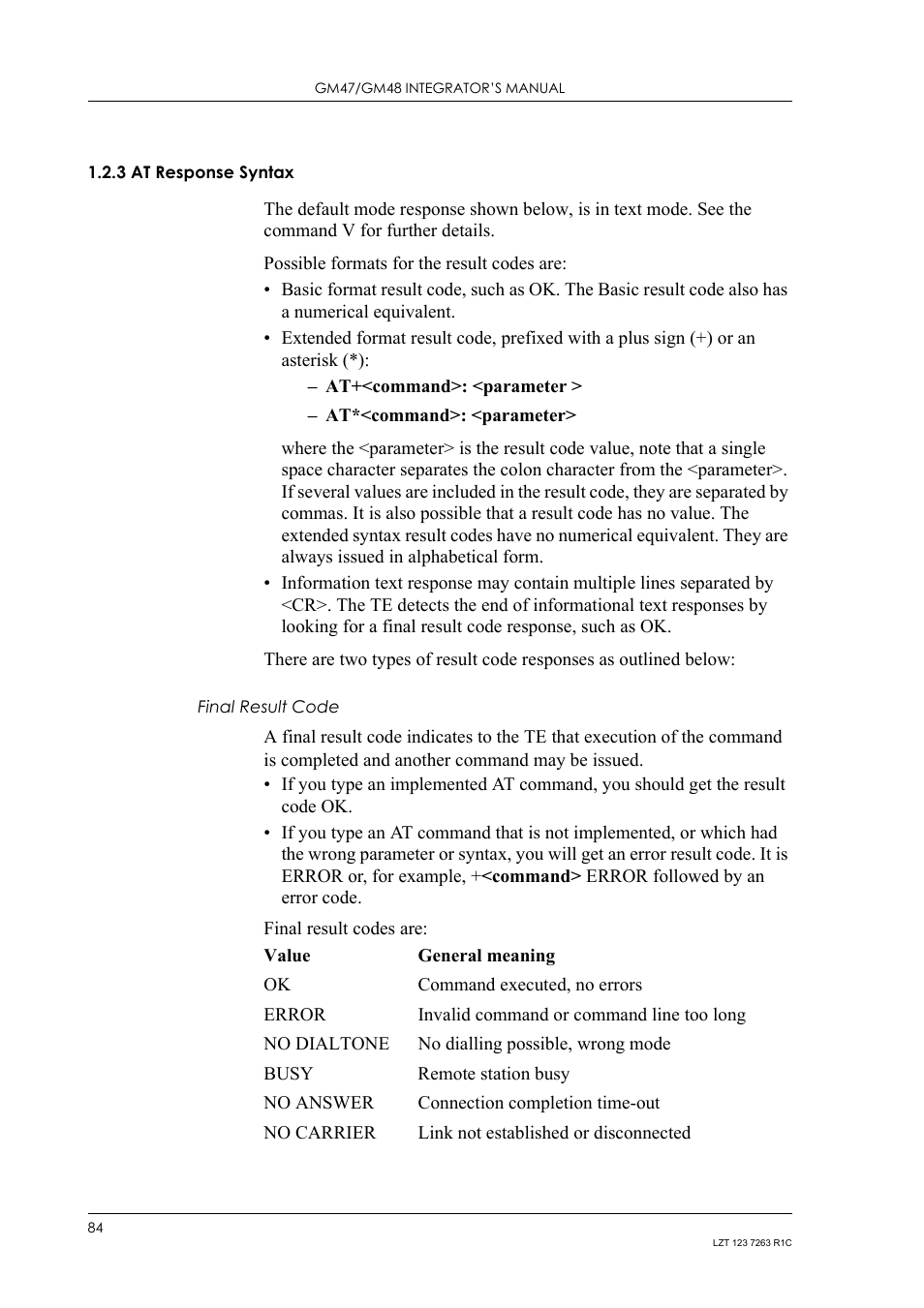 3 at response syntax, Final result code, At response syntax | Sony Ericsson GM47 User Manual | Page 84 / 338