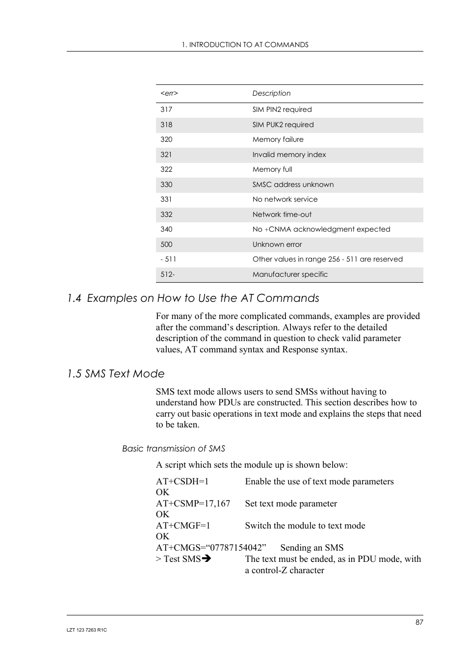 4 examples on how to use the at commands, 5 sms text mode, Basic transmission of sms | Examples on how to use the at commands, Sms text mode | Sony Ericsson GM47 User Manual | Page 87 / 338