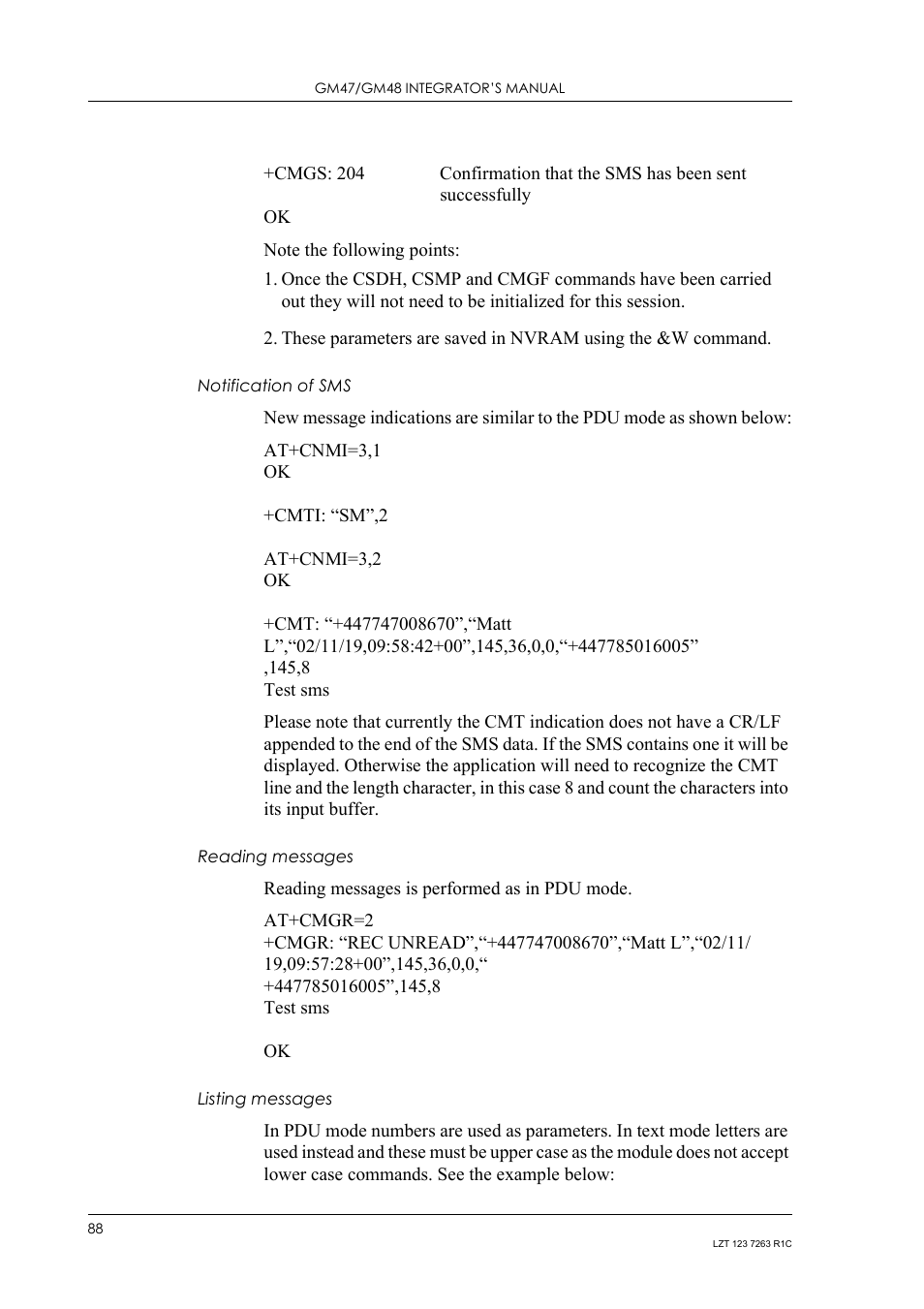 Notification of sms, Reading messages, Listing messages | Sony Ericsson GM47 User Manual | Page 88 / 338