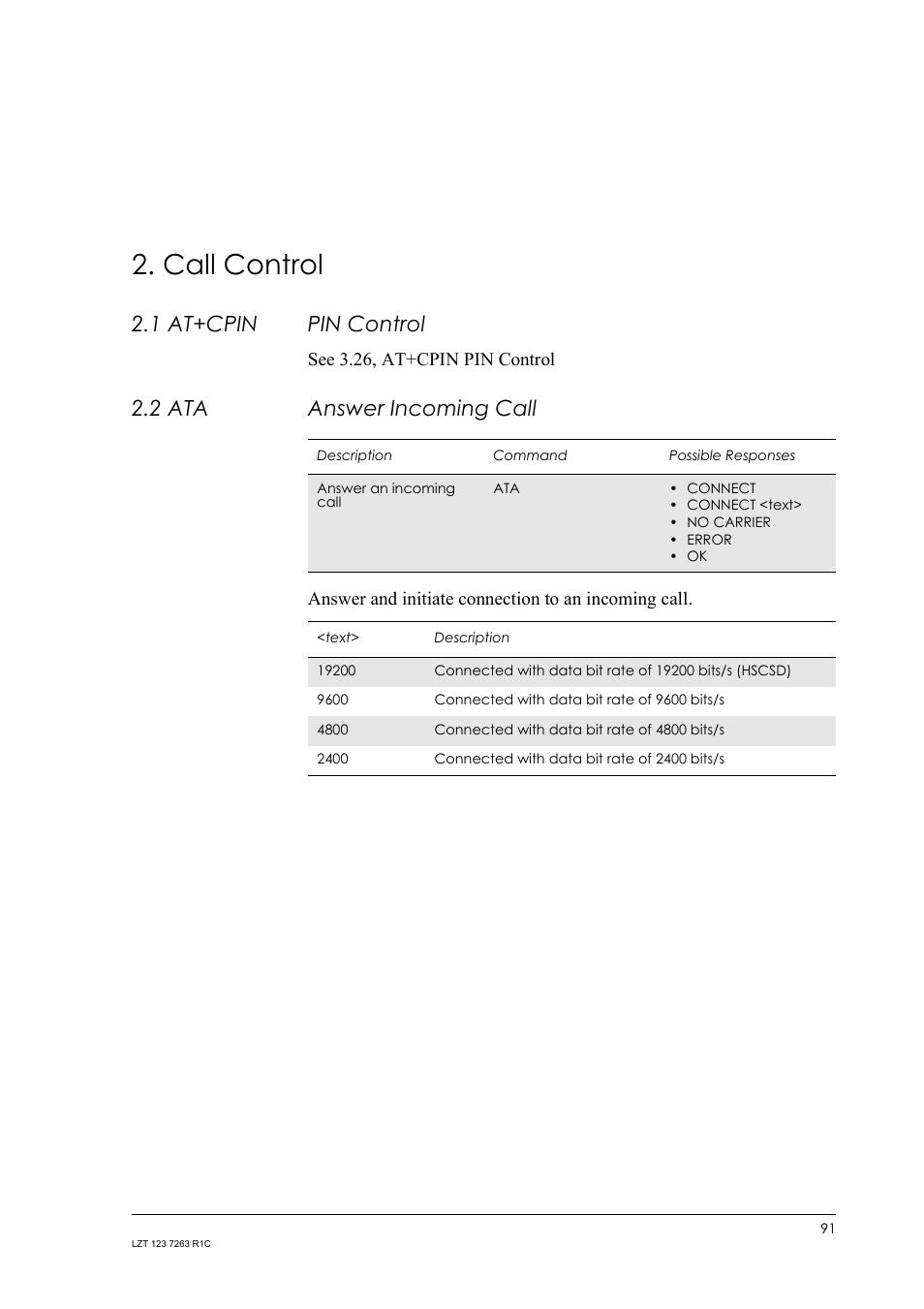 Call control, 1 at+cpin pin control, 2 ata answer incoming call | At+cpin, Pin control, Answer incoming call | Sony Ericsson GM47 User Manual | Page 91 / 338