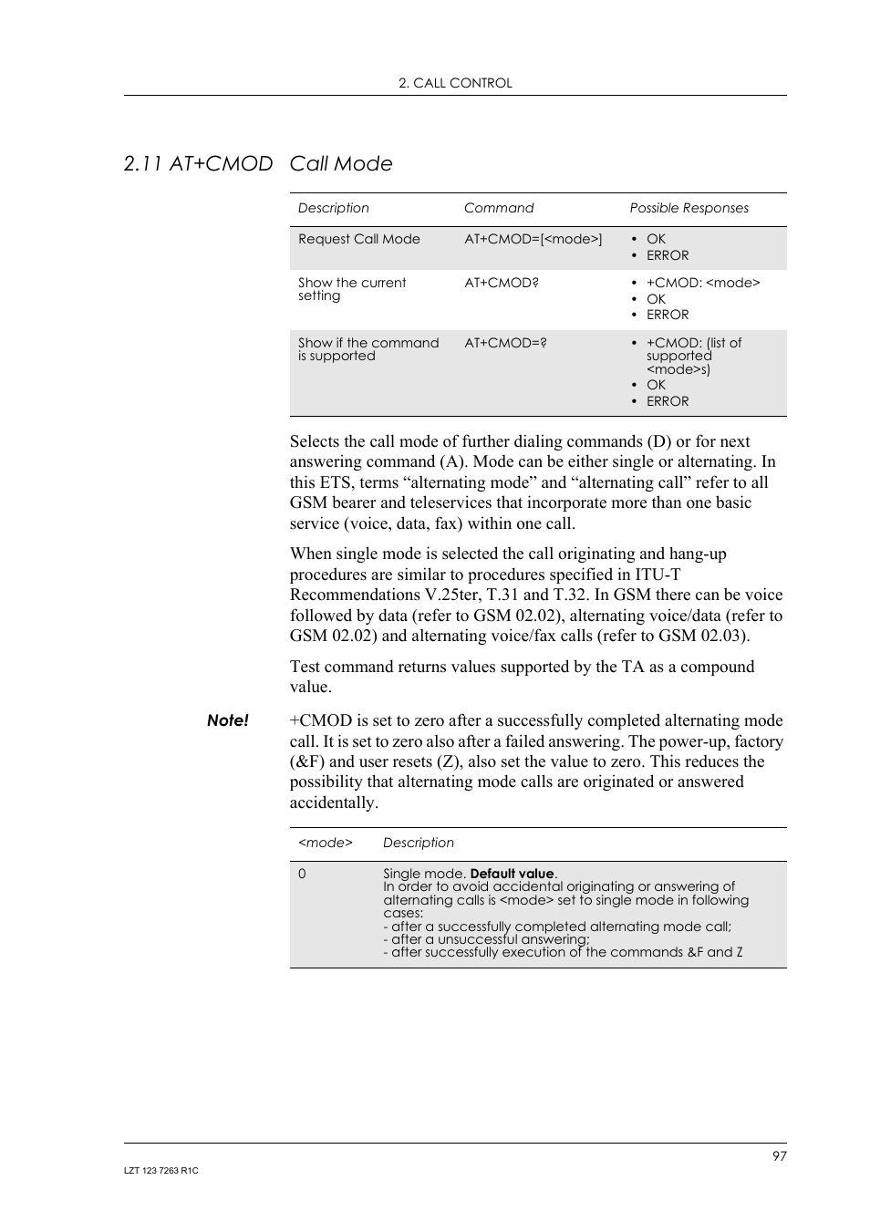 11 at+cmod call mode, 11 at+cmod, Call mode | Sony Ericsson GM47 User Manual | Page 97 / 338