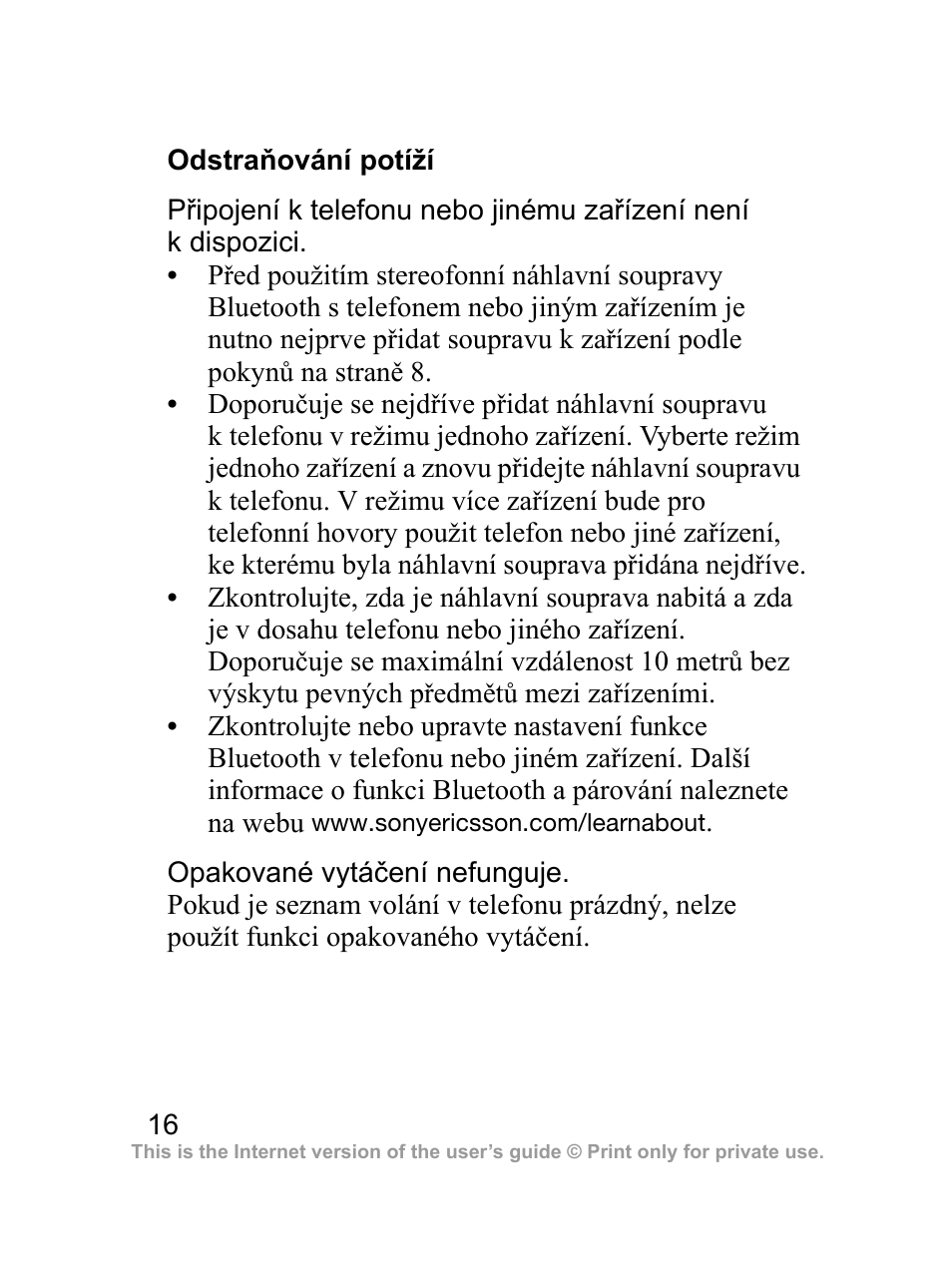 Odstraňování potíží | Sony Ericsson Bluetooth HBH-DS970 User Manual | Page 17 / 70