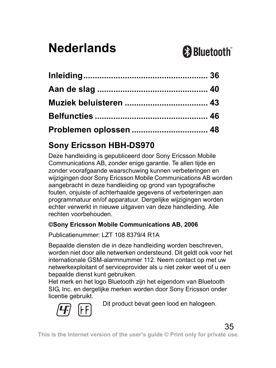 Nederlands, Sony ericsson hbh-ds970 | Sony Ericsson Bluetooth HBH-DS970 User Manual | Page 36 / 70