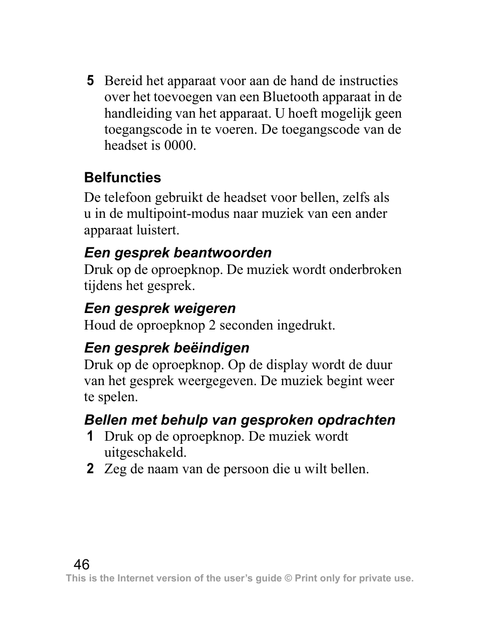 Belfuncties | Sony Ericsson Bluetooth HBH-DS970 User Manual | Page 47 / 70