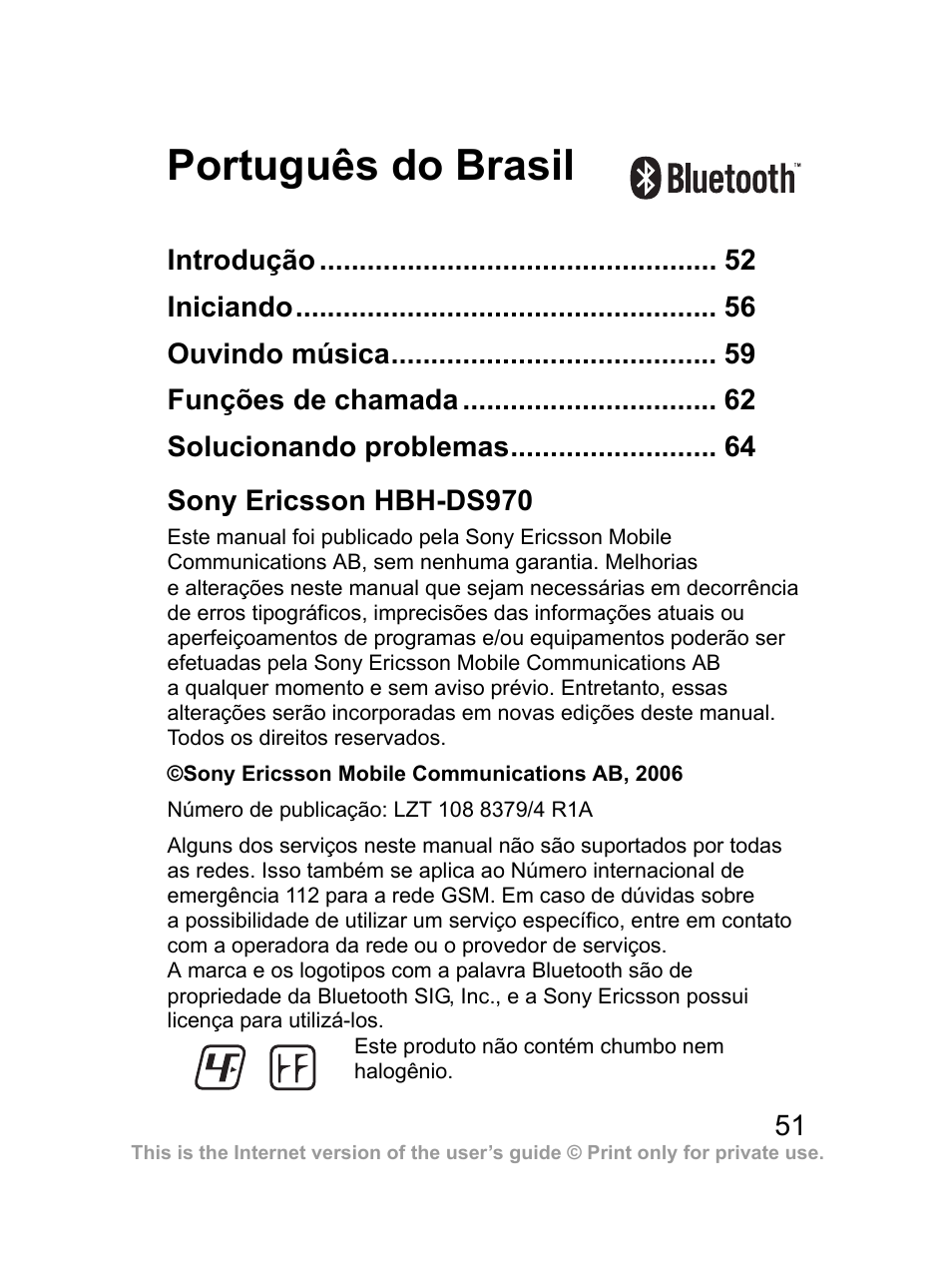 Português do brasil, Sony ericsson hbh-ds970 | Sony Ericsson Bluetooth HBH-DS970 User Manual | Page 52 / 70