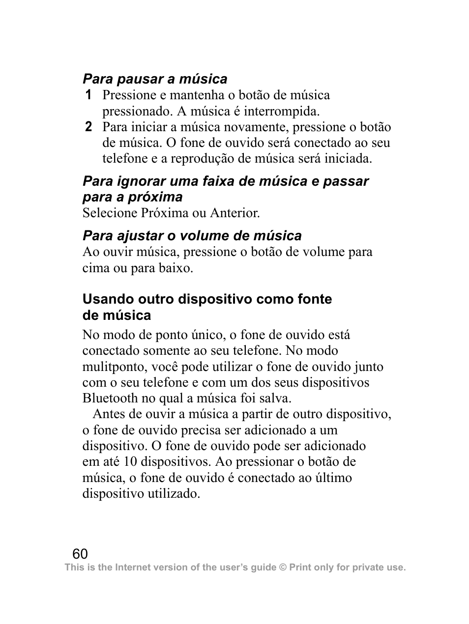 Usando outro dispositivo como fonte de música | Sony Ericsson Bluetooth HBH-DS970 User Manual | Page 61 / 70