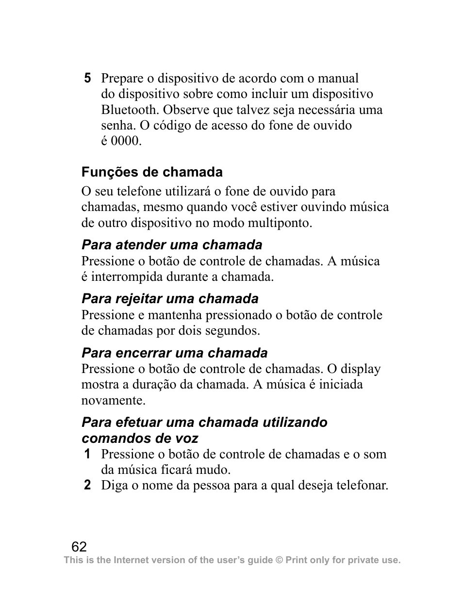 Funções de chamada | Sony Ericsson Bluetooth HBH-DS970 User Manual | Page 63 / 70