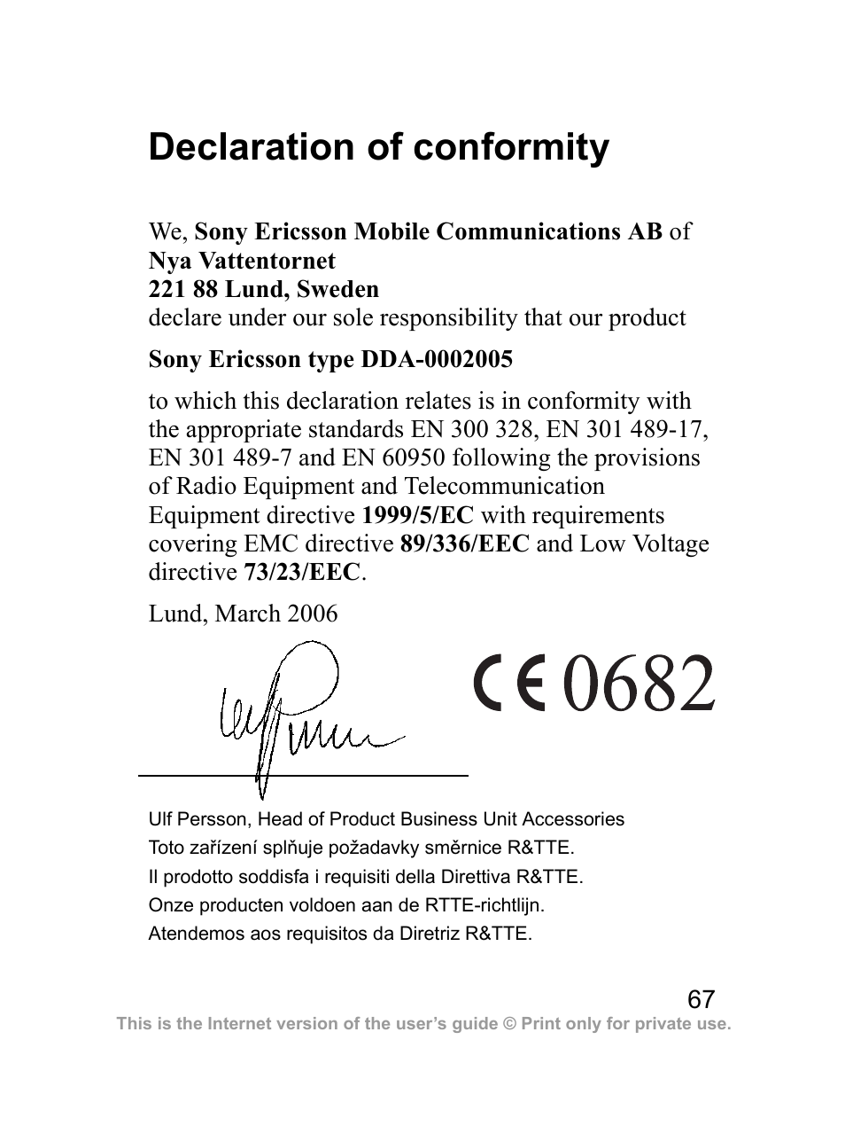 Declaration of conformity | Sony Ericsson Bluetooth HBH-DS970 User Manual | Page 68 / 70