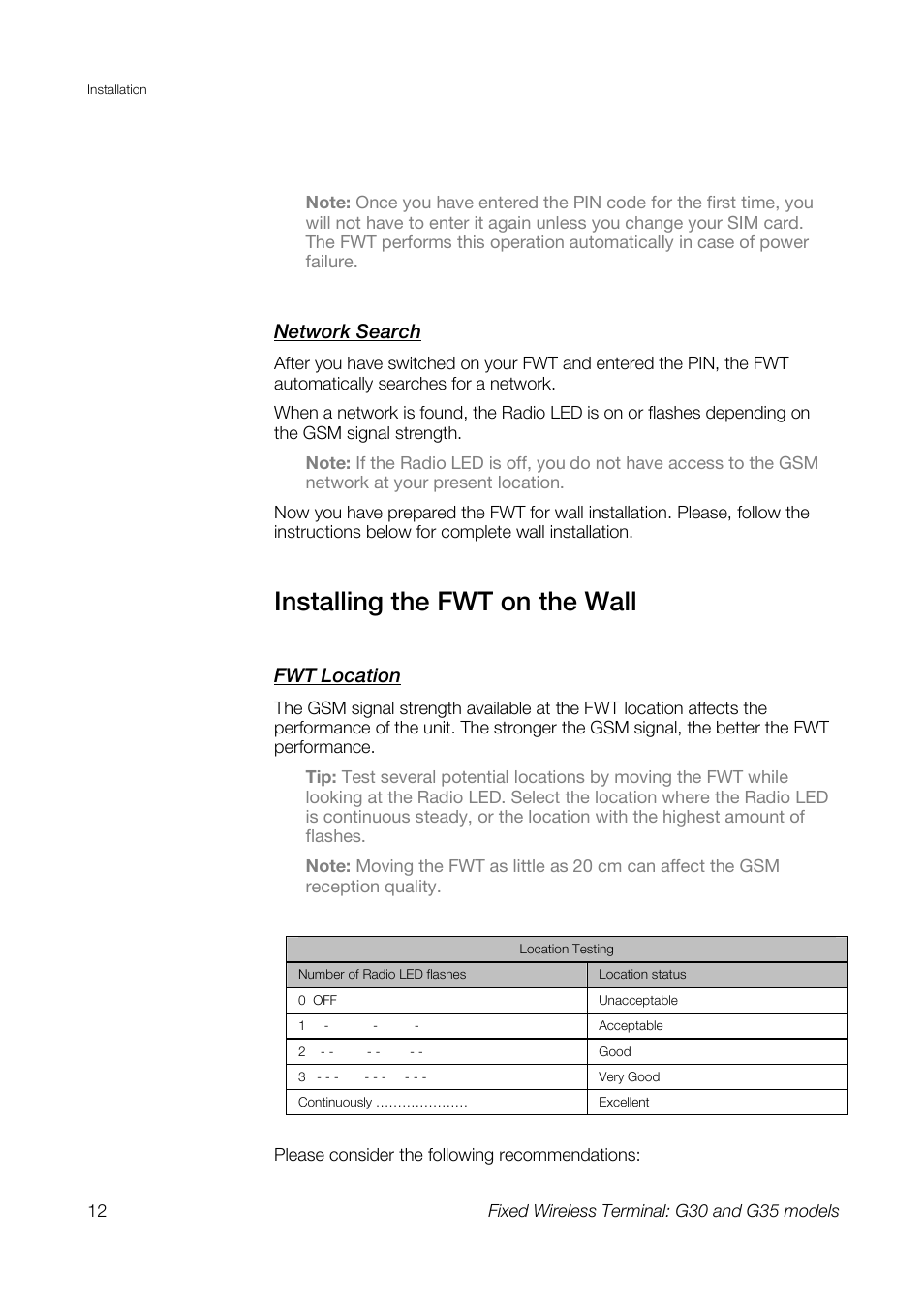 Installing the fwt on the wall, Network search, Fwt location | Sony Ericsson G30 User Manual | Page 12 / 48