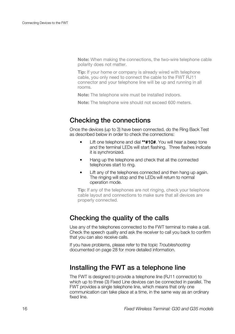 Checking the connections, Checking the quality of the calls, Installing the fwt as a telephone line | Sony Ericsson G30 User Manual | Page 16 / 48