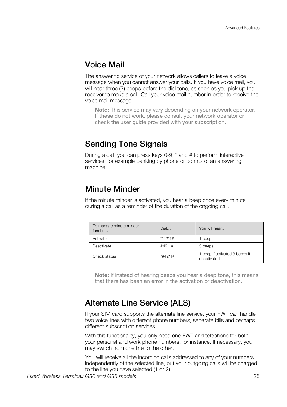 Voice mail, Sending tone signals, Minute minder | Alternate line service (als) | Sony Ericsson G30 User Manual | Page 25 / 48