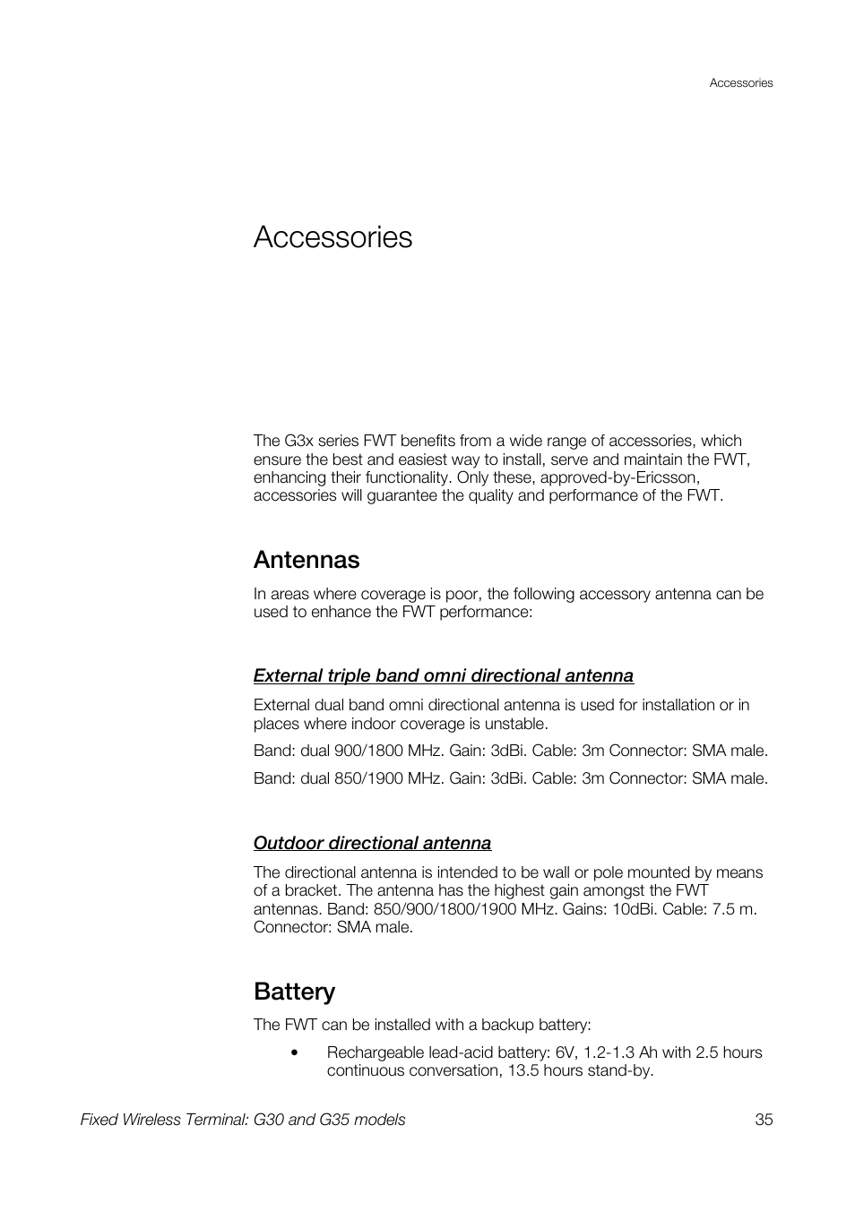 Accessories, Antennas, Battery | Sony Ericsson G30 User Manual | Page 35 / 48