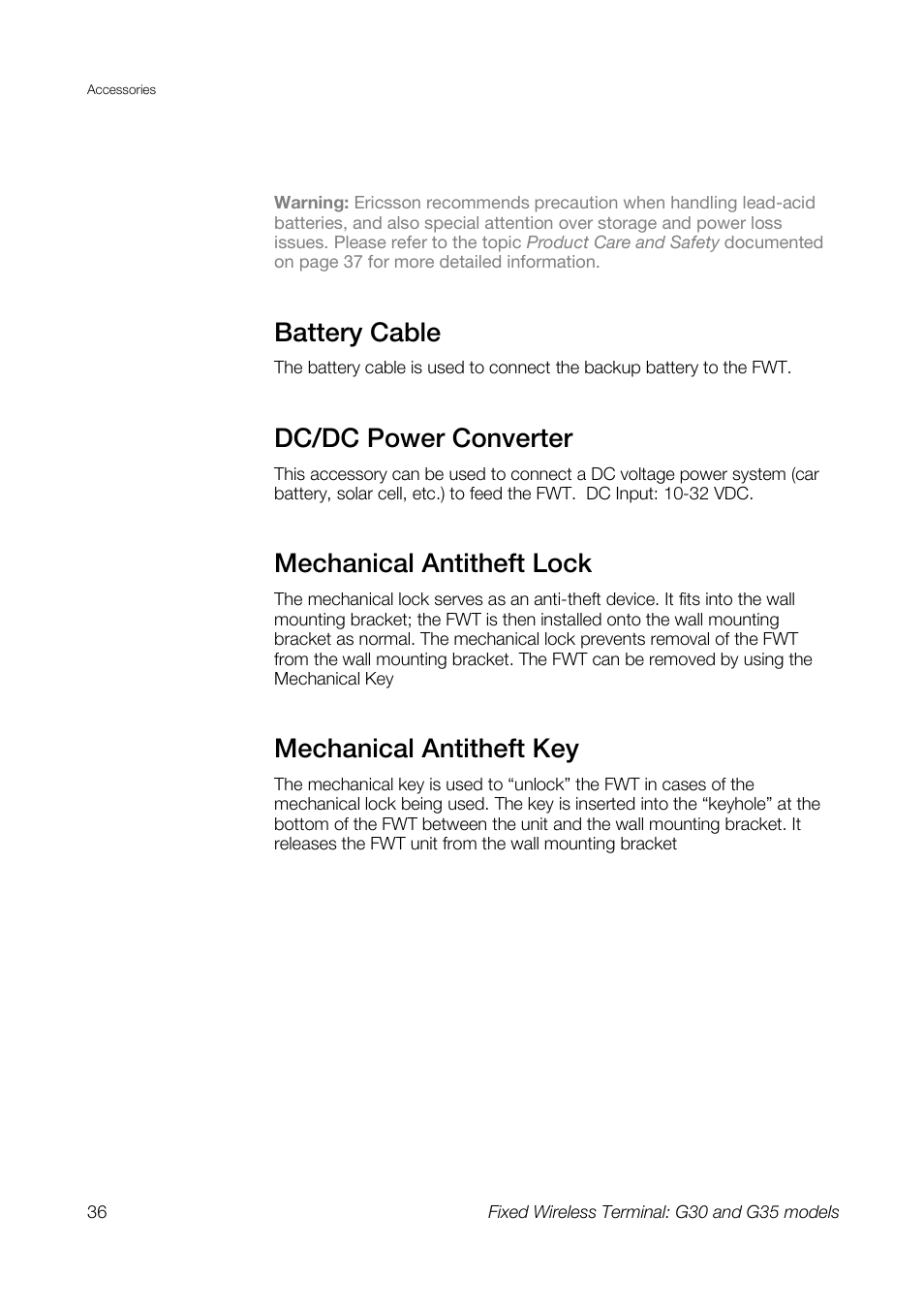 Battery cable, Dc/dc power converter, Mechanical antitheft lock | Mechanical antitheft key | Sony Ericsson G30 User Manual | Page 36 / 48