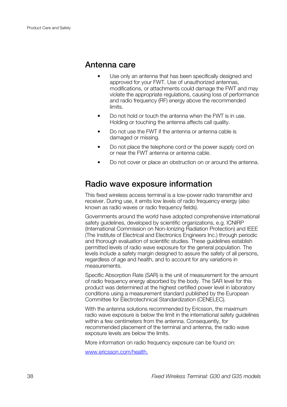 Antenna care, Radio wave exposure information | Sony Ericsson G30 User Manual | Page 38 / 48