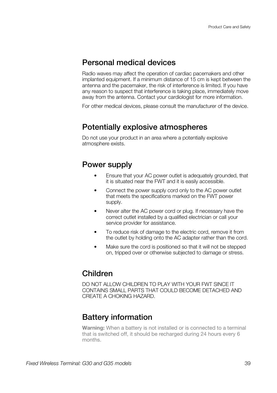 Personal medical devices, Potentially explosive atmospheres, Power supply | Children, Battery information | Sony Ericsson G30 User Manual | Page 39 / 48