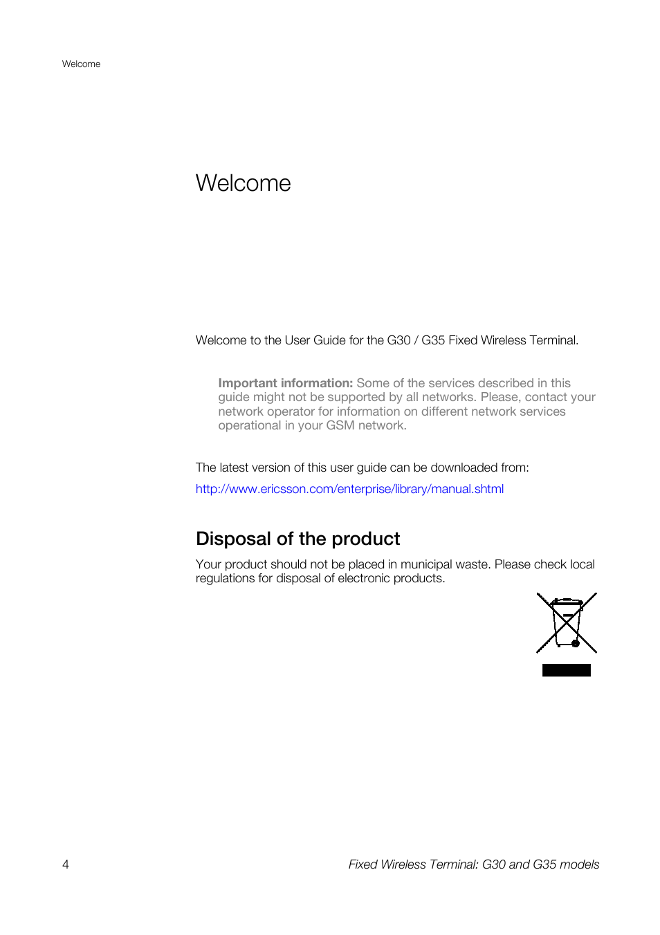 Welcome, Disposal of the product | Sony Ericsson G30 User Manual | Page 4 / 48