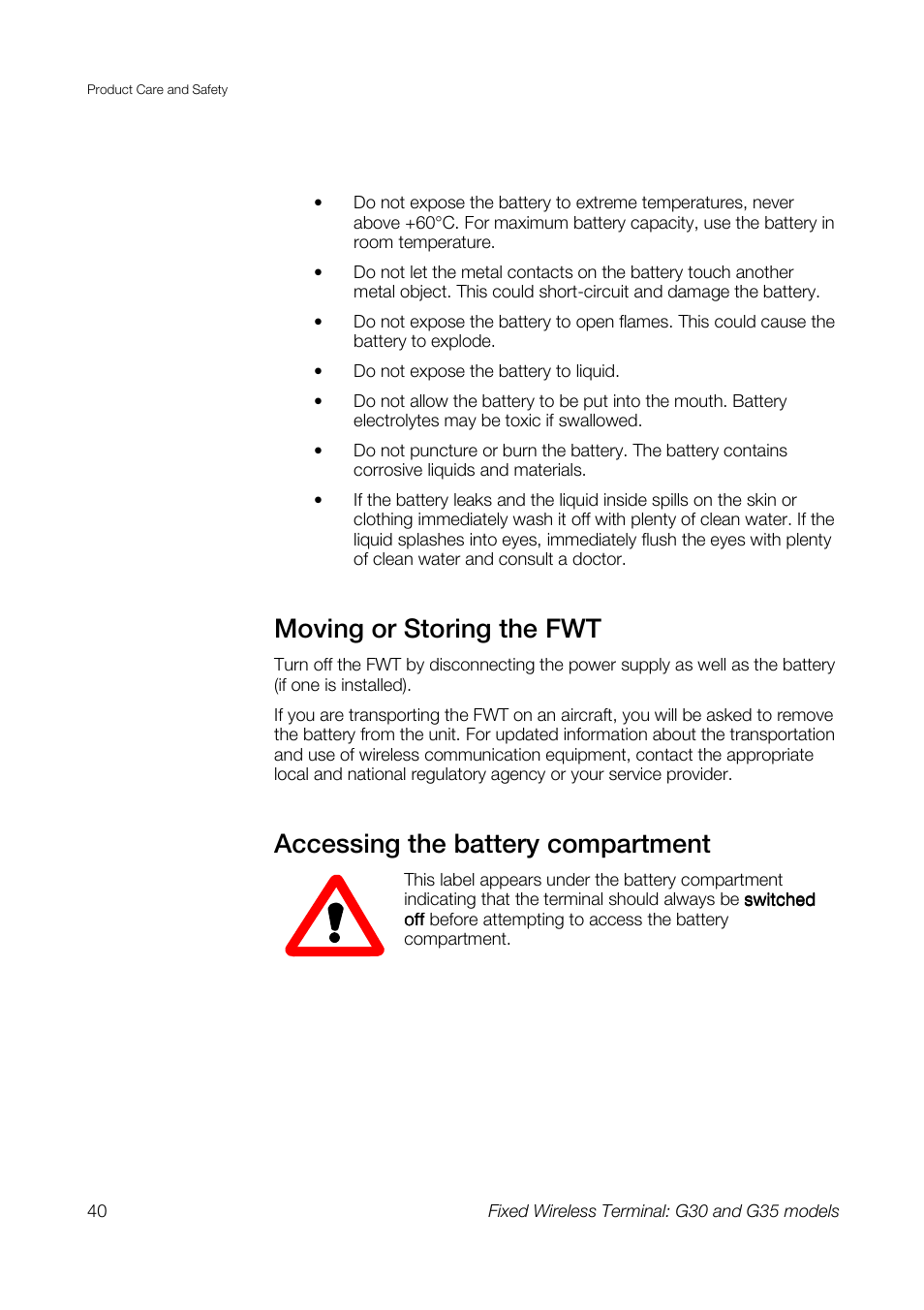 Moving or storing the fwt, Accessing the battery compartment | Sony Ericsson G30 User Manual | Page 40 / 48