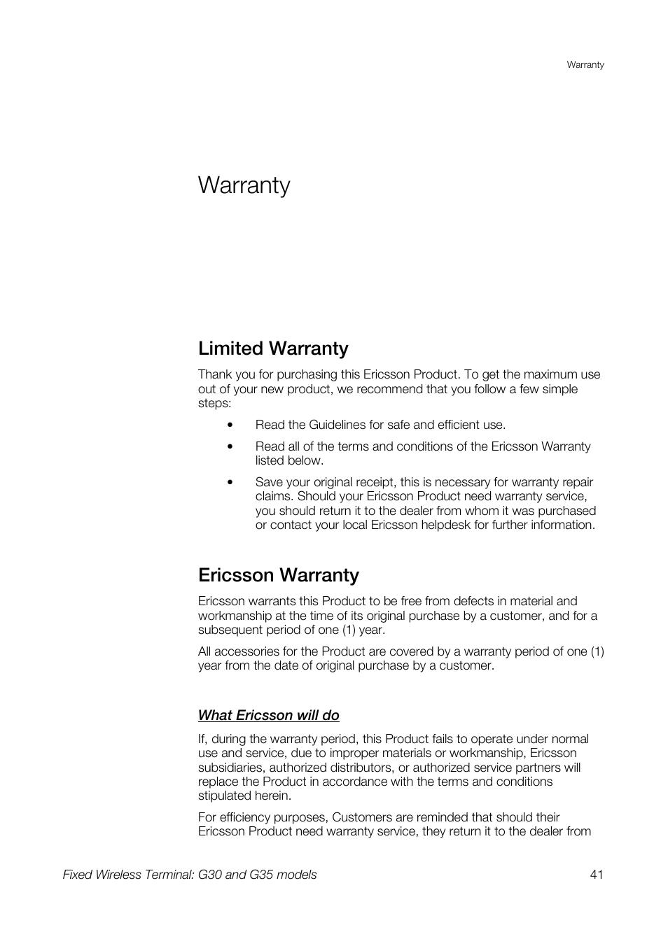 Warranty, Limited warranty, Ericsson warranty | Sony Ericsson G30 User Manual | Page 41 / 48