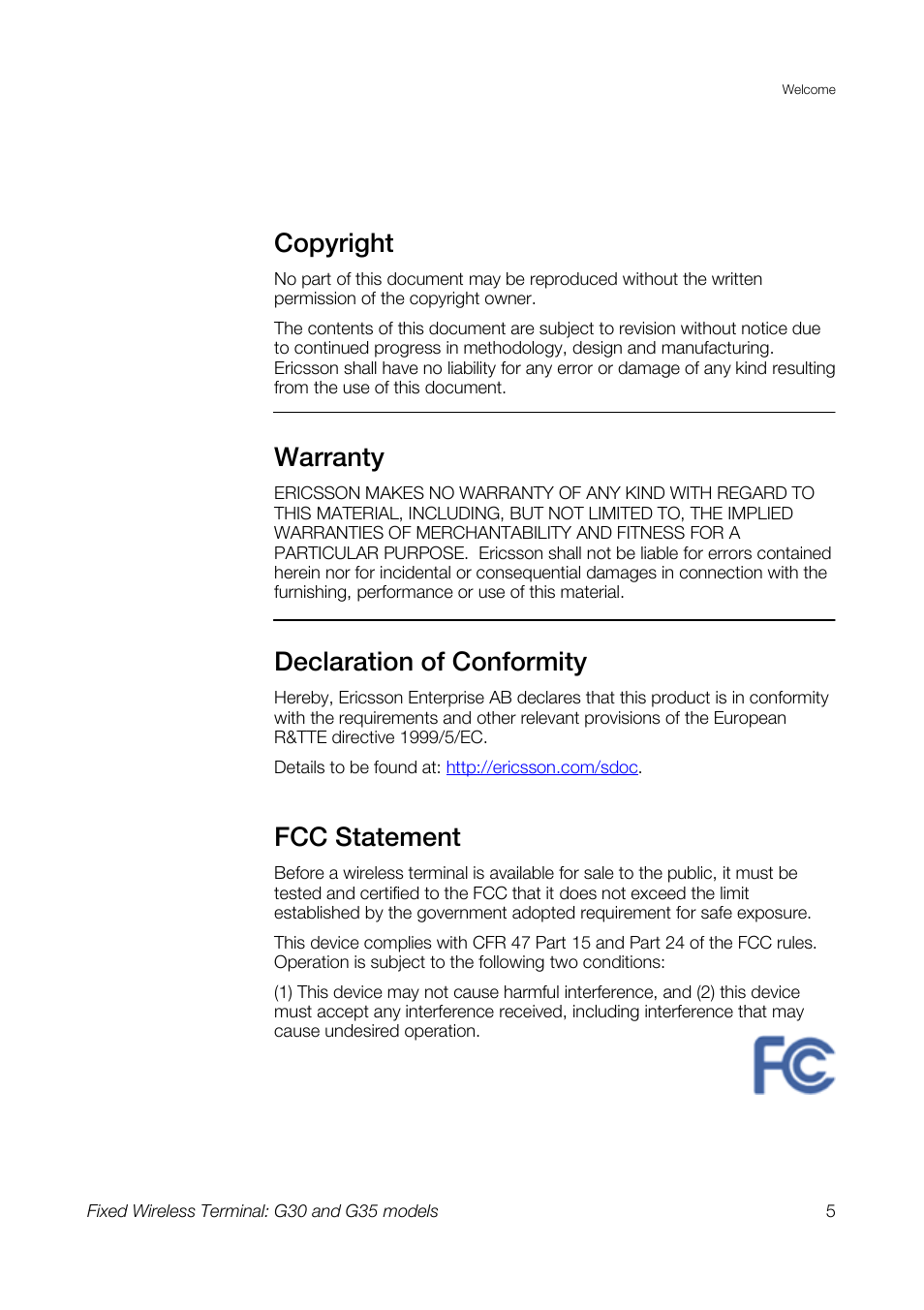 Copyright, Warranty, Declaration of conformity | Fcc statement | Sony Ericsson G30 User Manual | Page 5 / 48