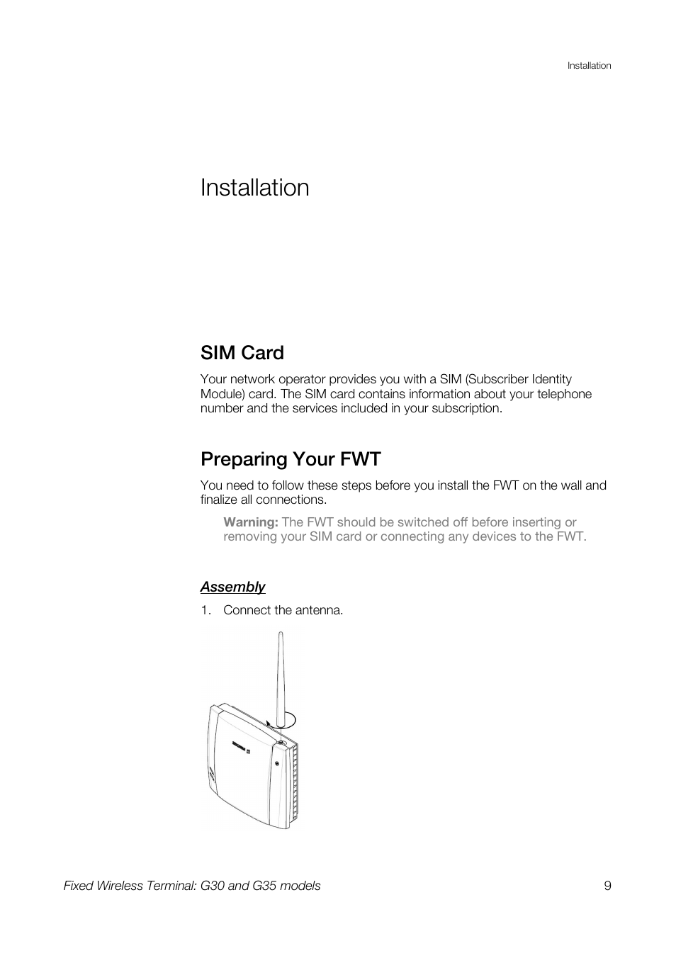 Installation, Sim card, Preparing your fwt | Sony Ericsson G30 User Manual | Page 9 / 48