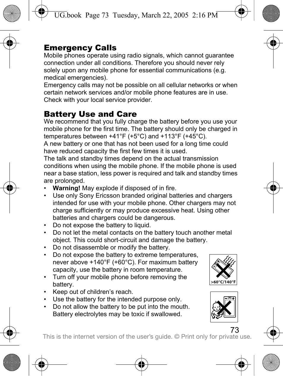 73 battery use and care, Battery | Sony Ericsson K300a User Manual | Page 75 / 85