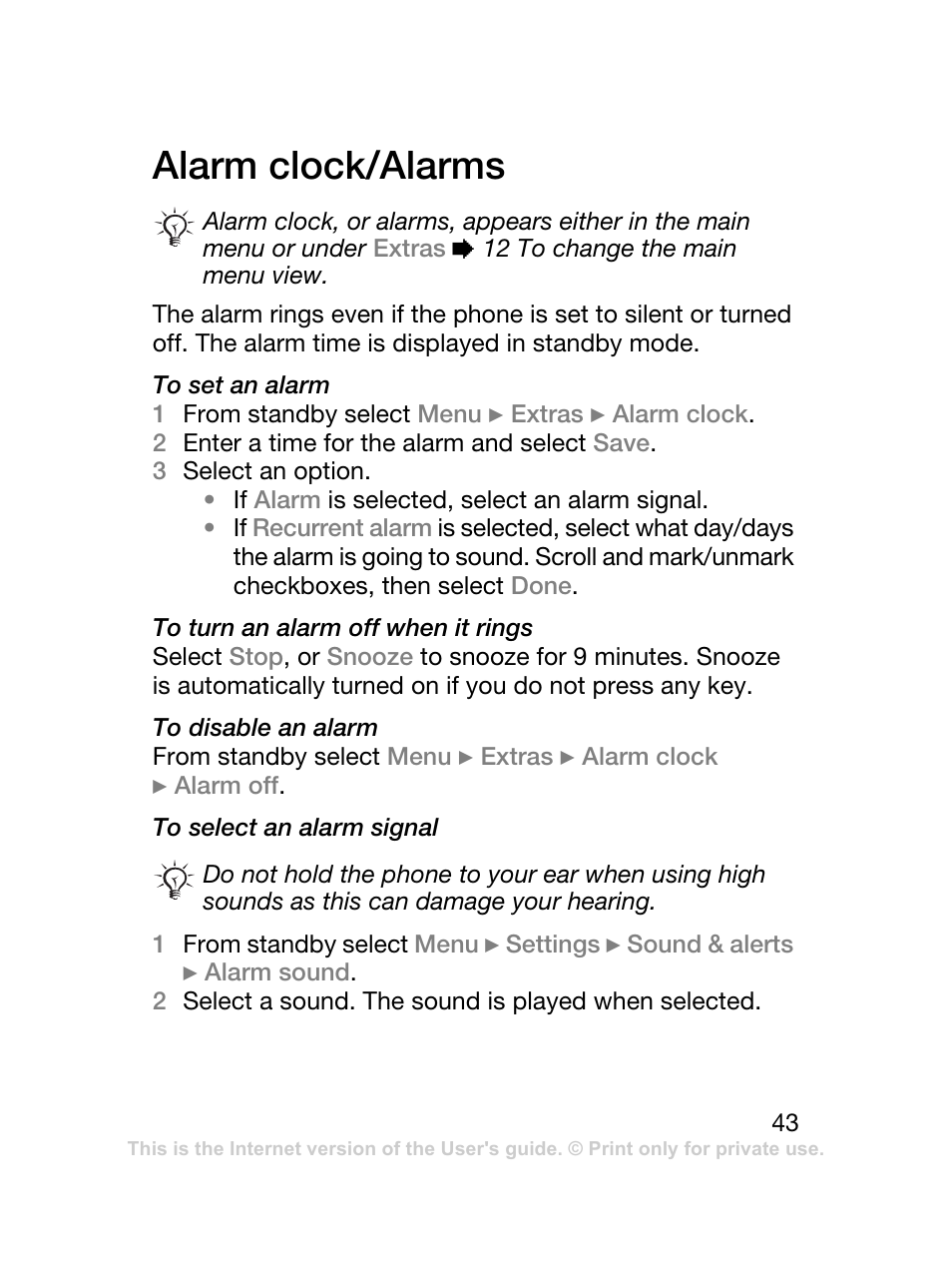 Alarm clock/alarms, 43 alarm clock/alarms | Sony Ericsson K220 User Manual | Page 43 / 79